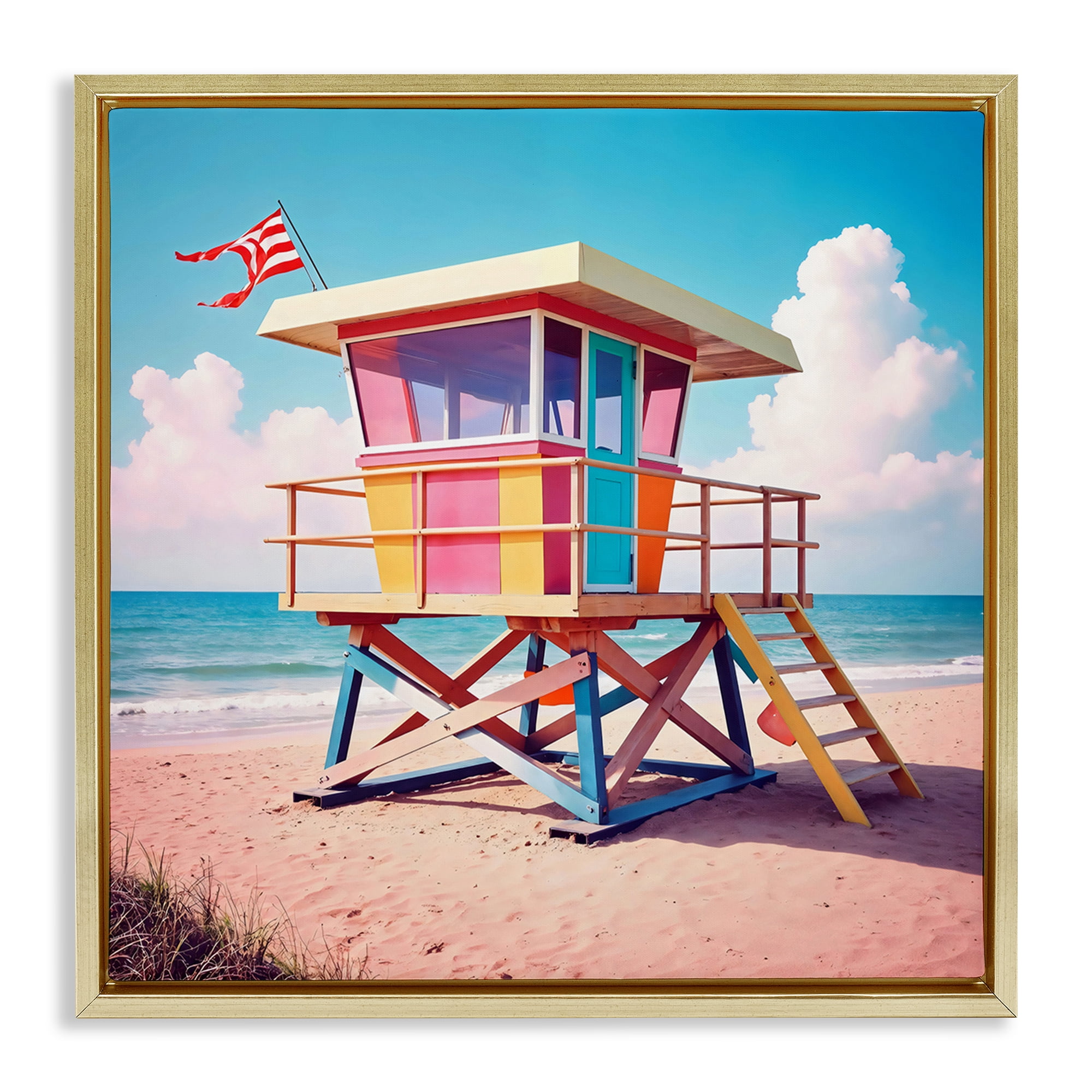 Stupell Industries Colorful Sunny Beach Tower Gold Framed Floater Canvas Wall Art, design by Creative Studio