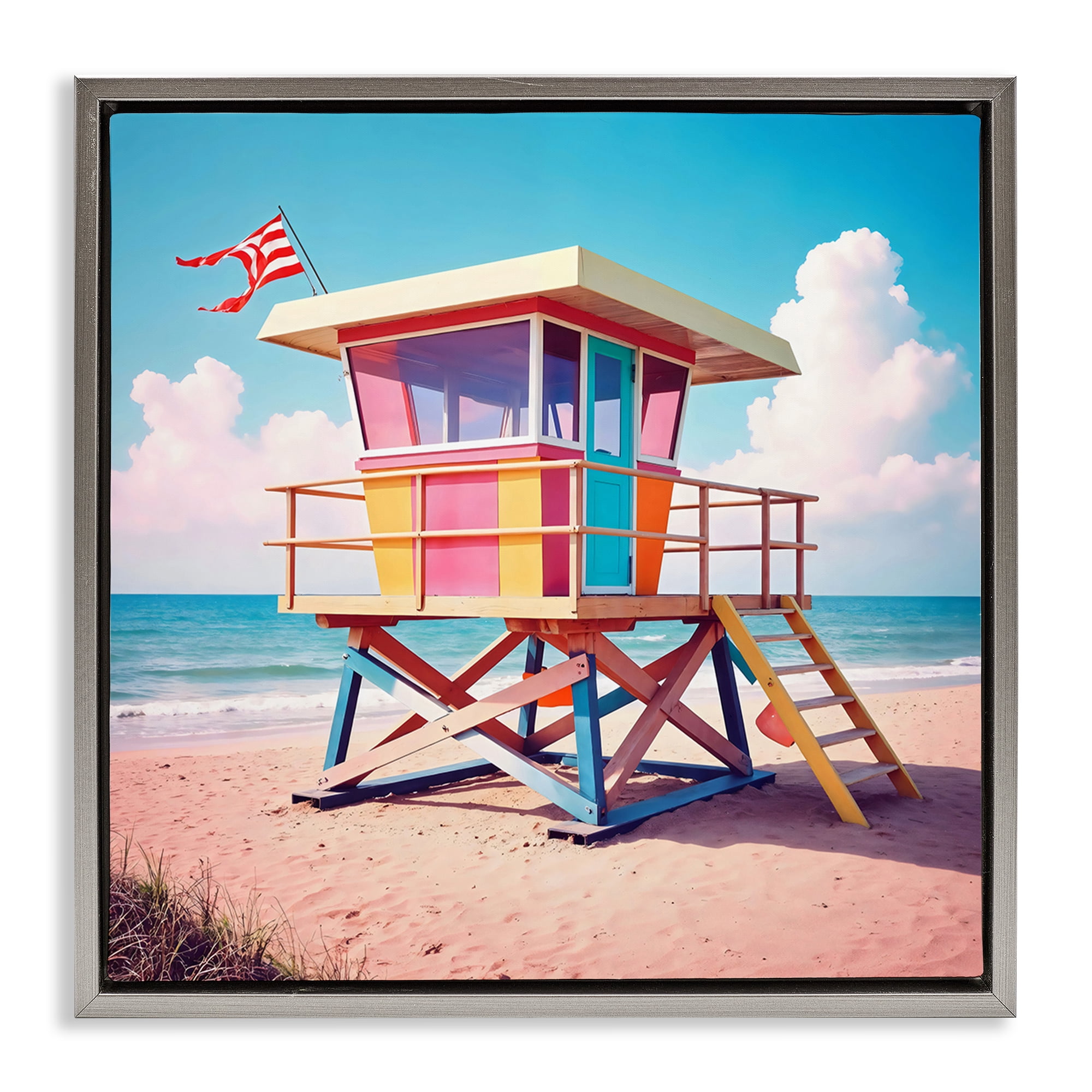 Stupell Industries Colorful Sunny Beach Tower Gray Framed Floater Canvas Wall Art, design by Creative Studio