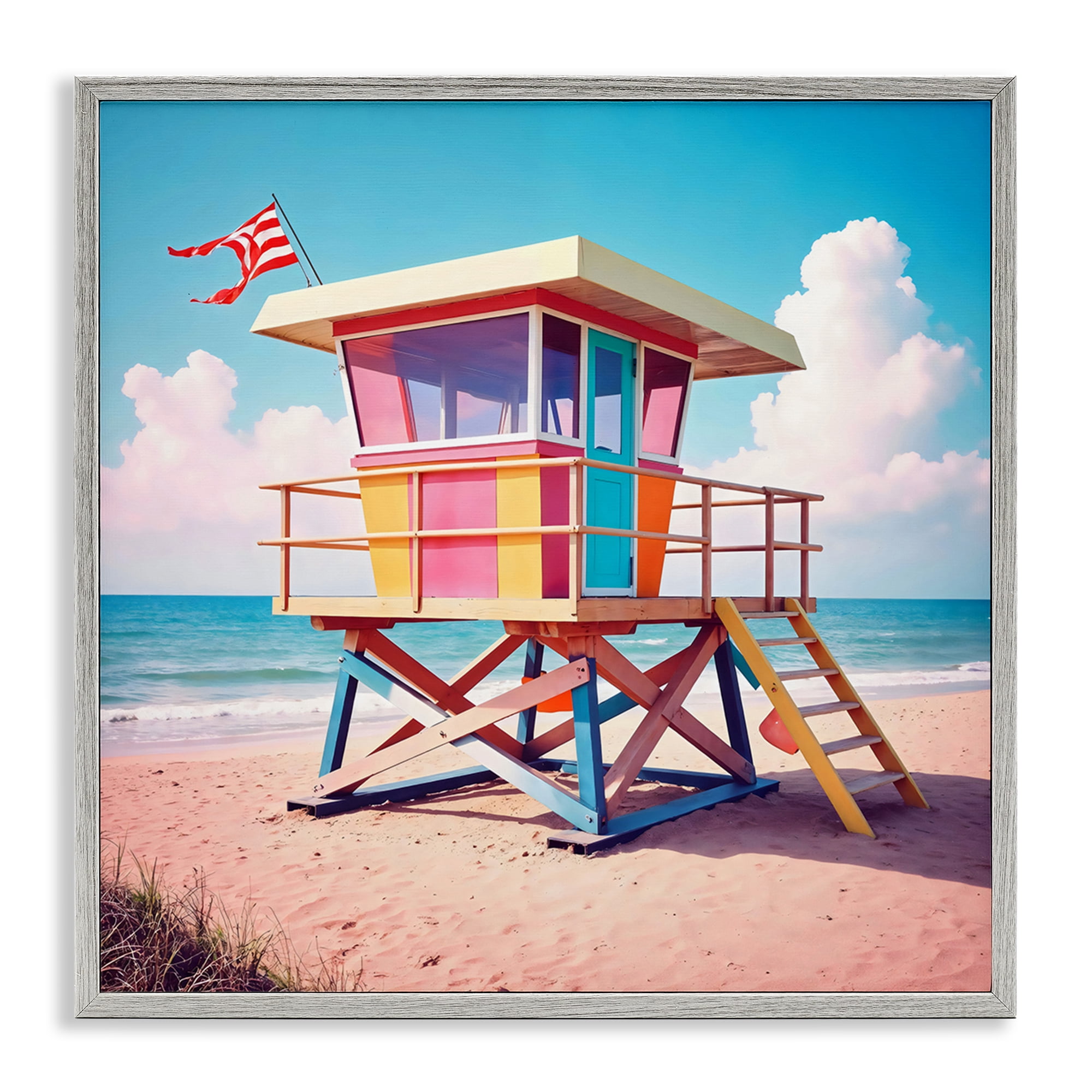 Stupell Industries Colorful Sunny Beach Tower Gray Framed Giclee Art, design by Creative Studio