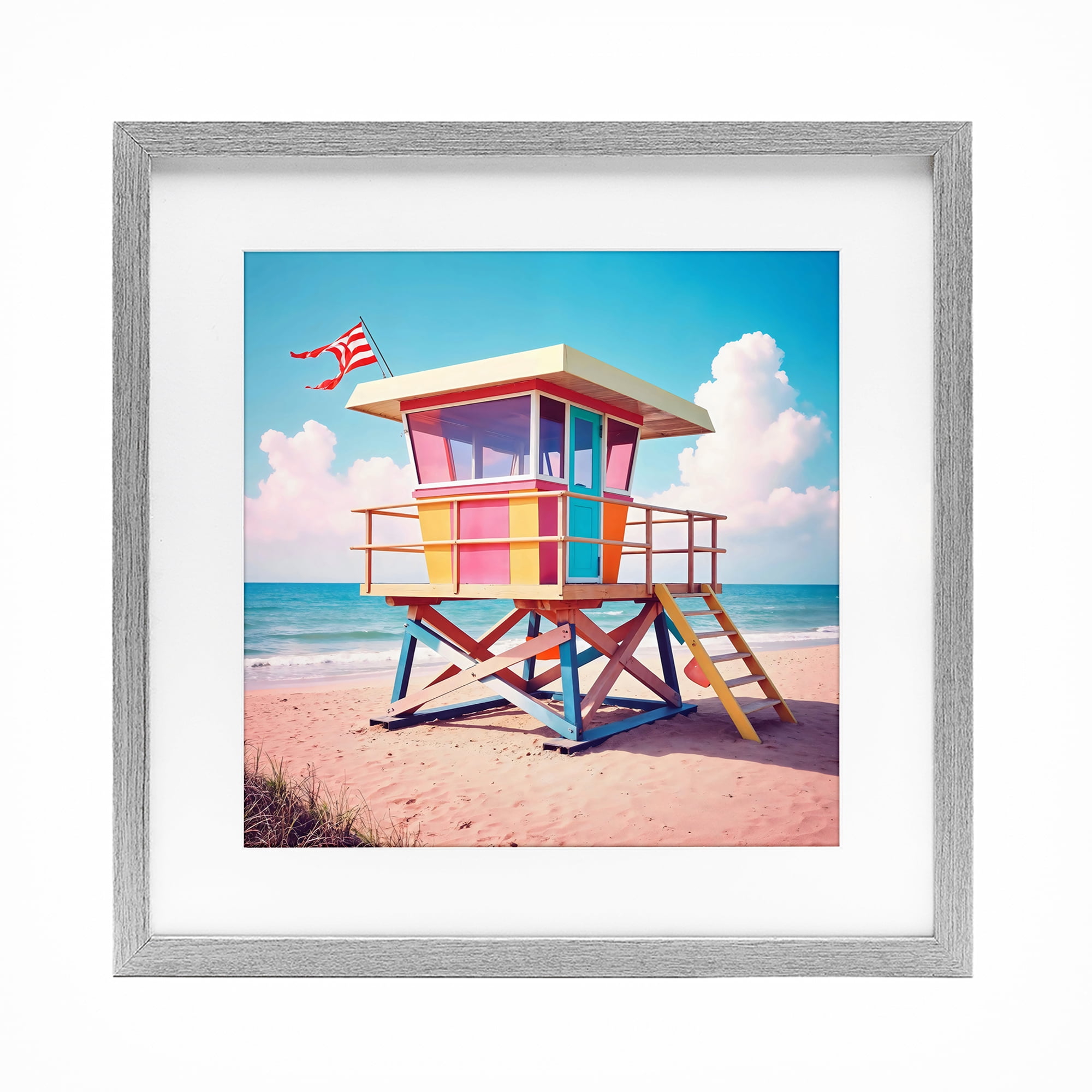 Stupell Industries Colorful Sunny Beach Tower Gray Framed Print Under Glass, design by Creative Studio
