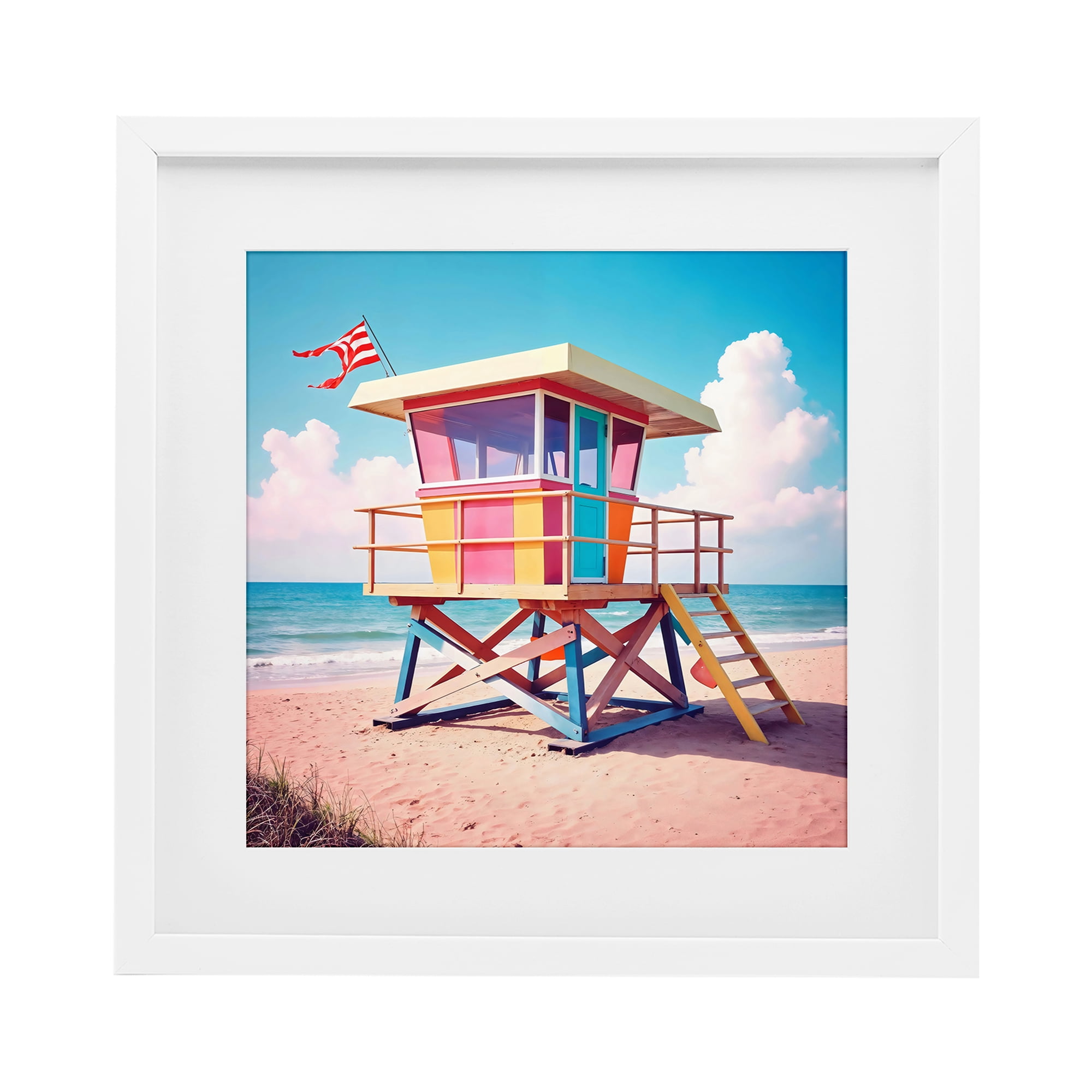 Stupell Industries Colorful Sunny Beach Tower White Framed Print Under Glass, design by Creative Studio