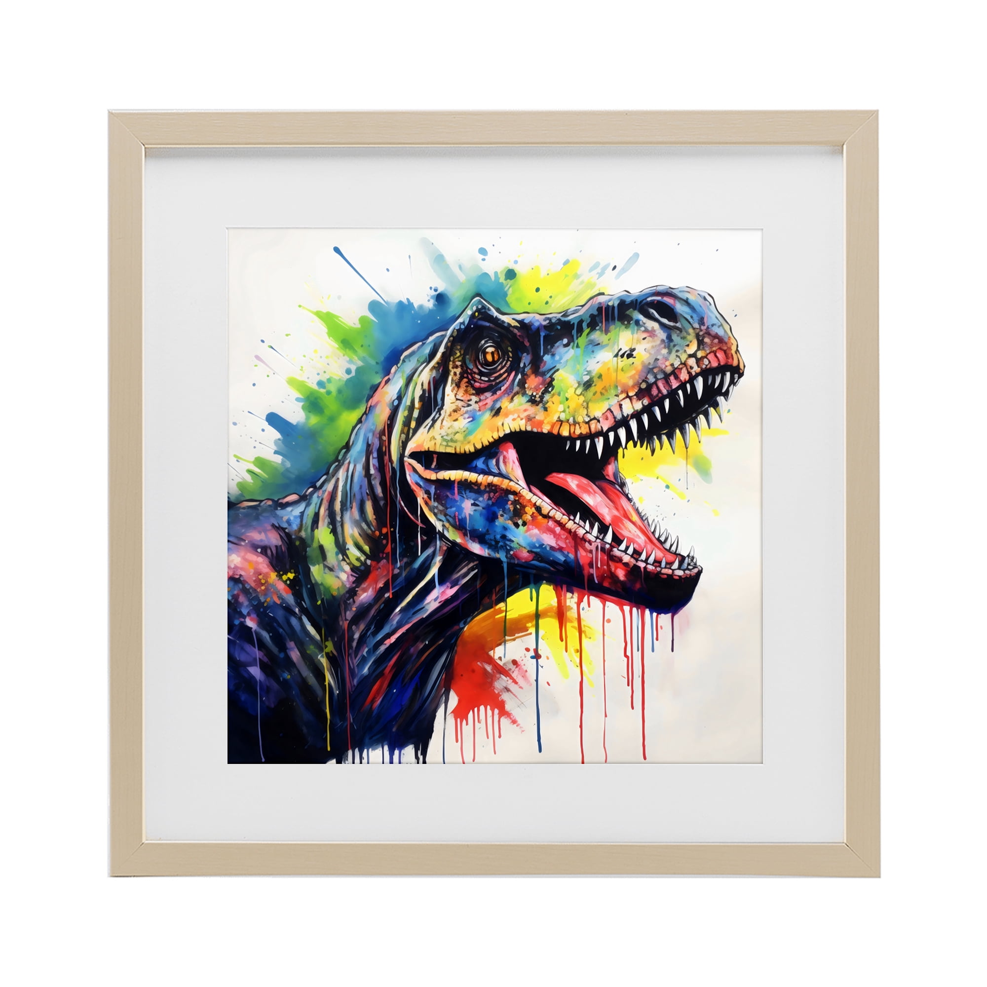 Stupell Industries Colorful T-Rex Roaring Birch Framed Print Under Glass, design by Creative Studio