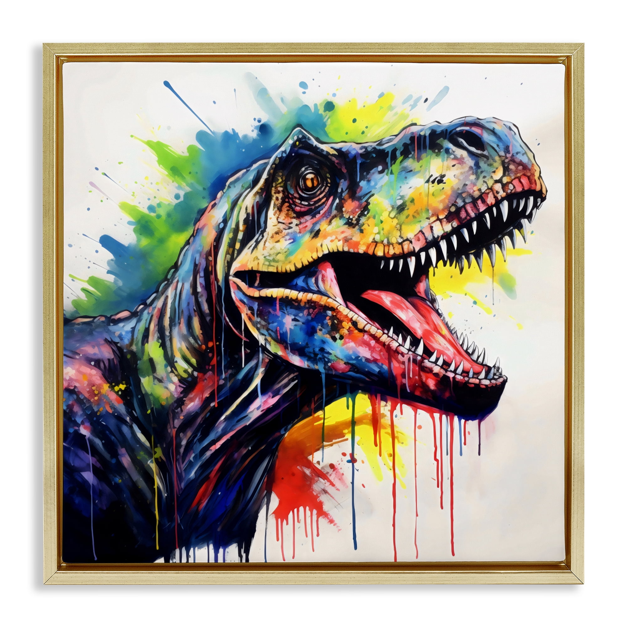 Stupell Industries Colorful T-Rex Roaring Gold Framed Floater Canvas Wall Art, design by Creative Studio