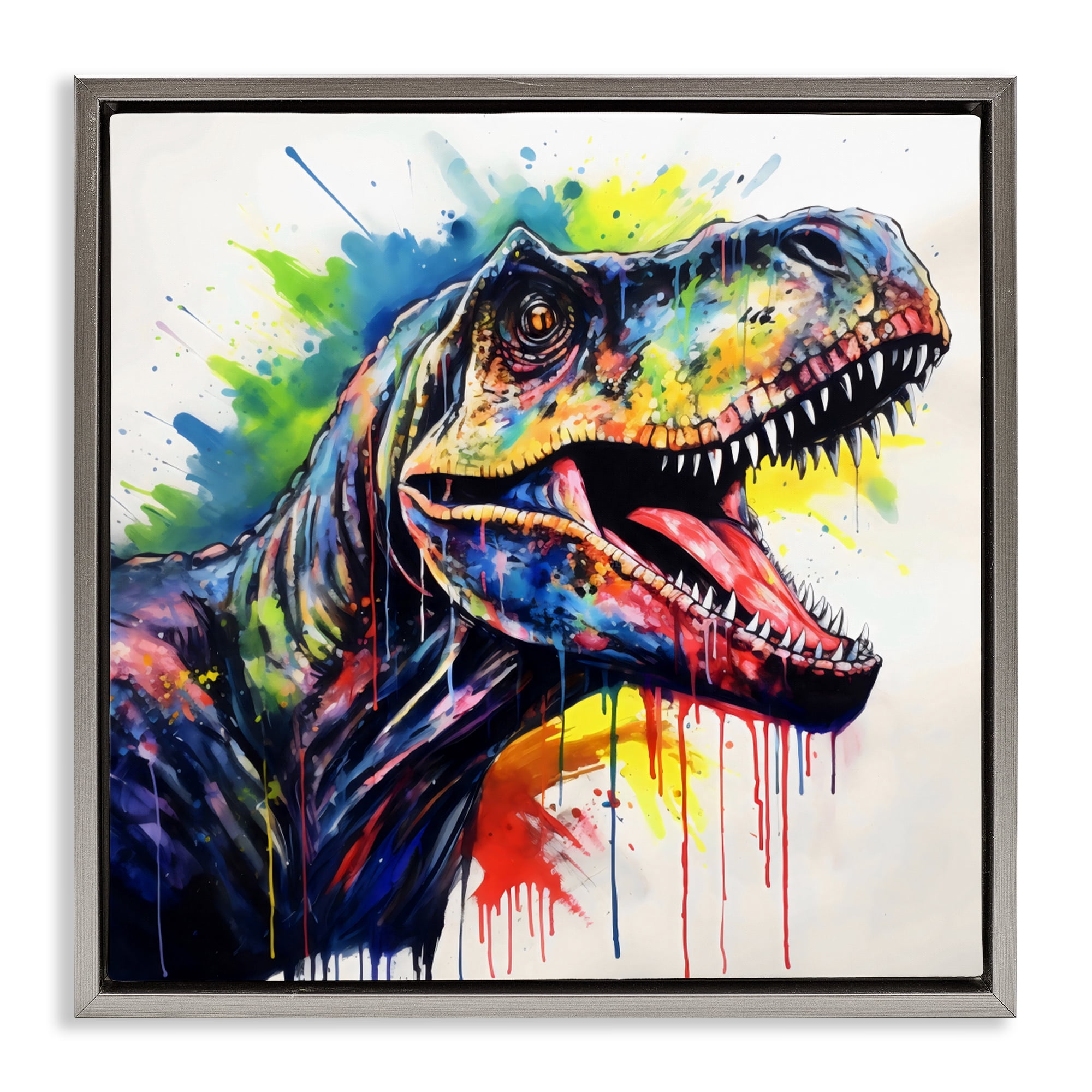 Stupell Industries Colorful T-Rex Roaring Gray Framed Floater Canvas Wall Art, design by Creative Studio