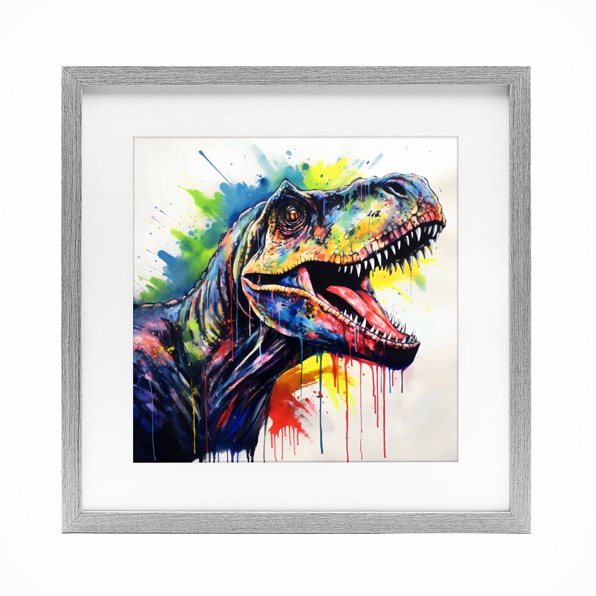 Stupell Industries Colorful T-Rex Roaring Gray Framed Print Under Glass, design by Creative Studio