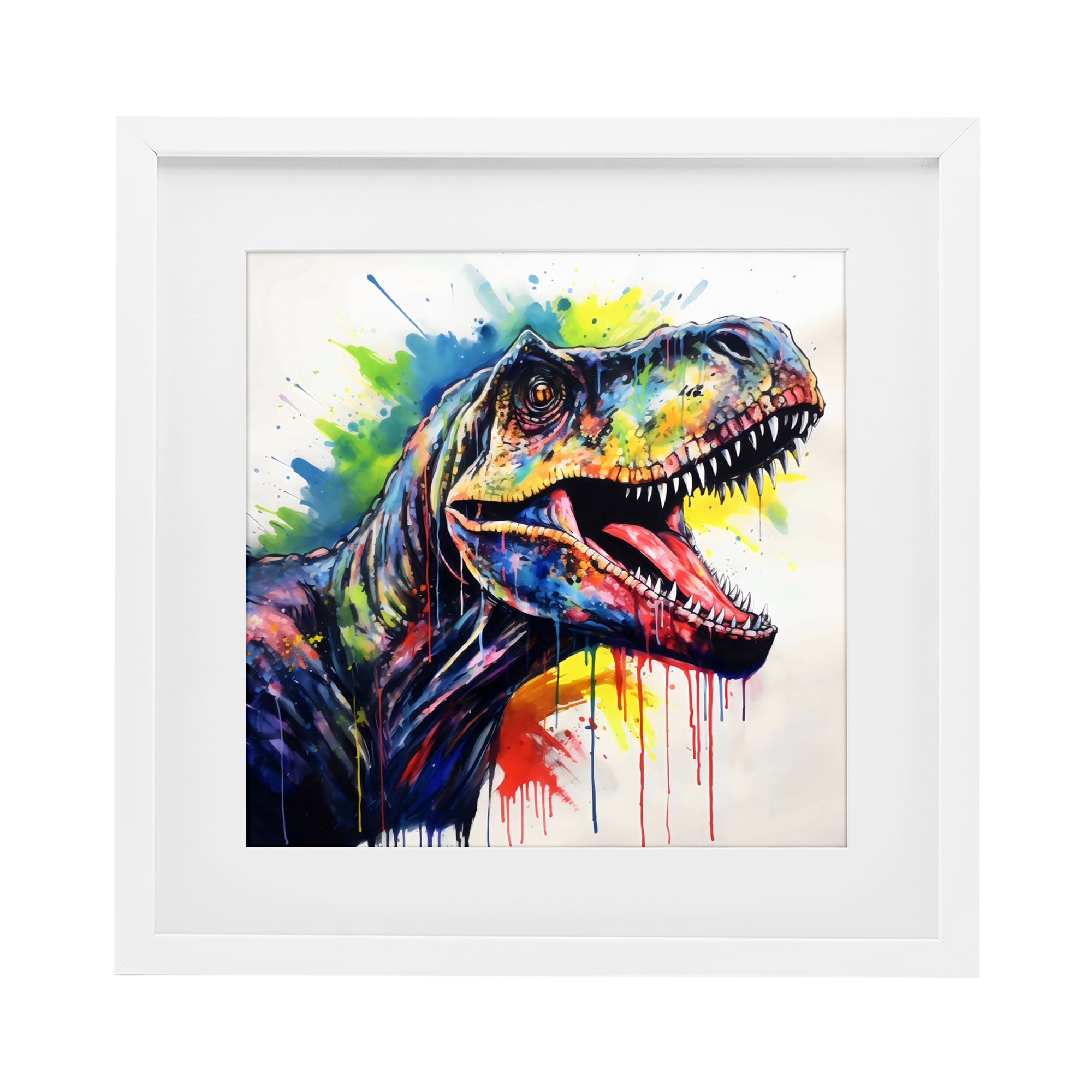 Stupell Industries Colorful T-Rex Roaring White Framed Print Under Glass, design by Creative Studio
