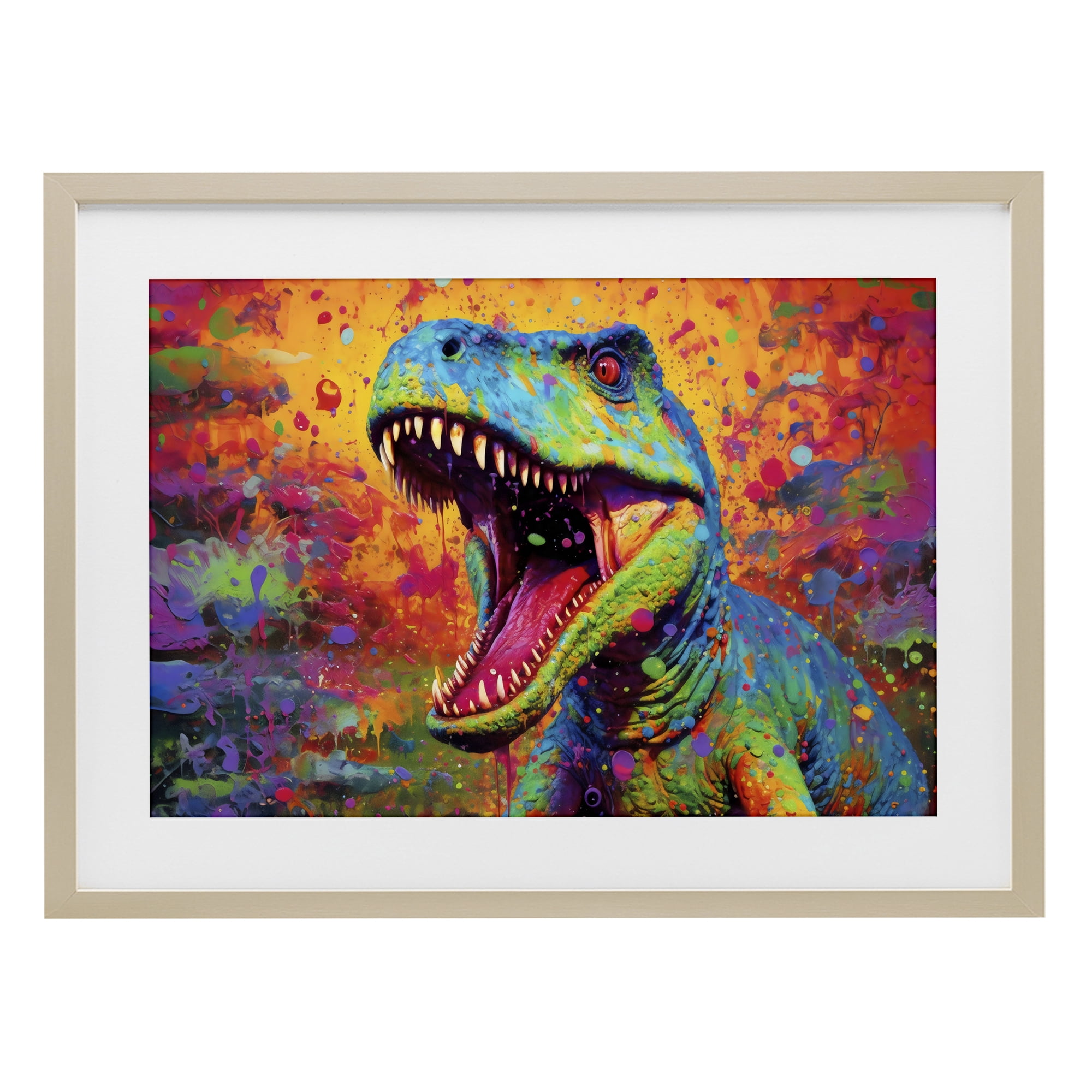 Stupell Industries Colorful T-Rex with Splatter Birch Framed Print Under Glass, design by Creative Studio