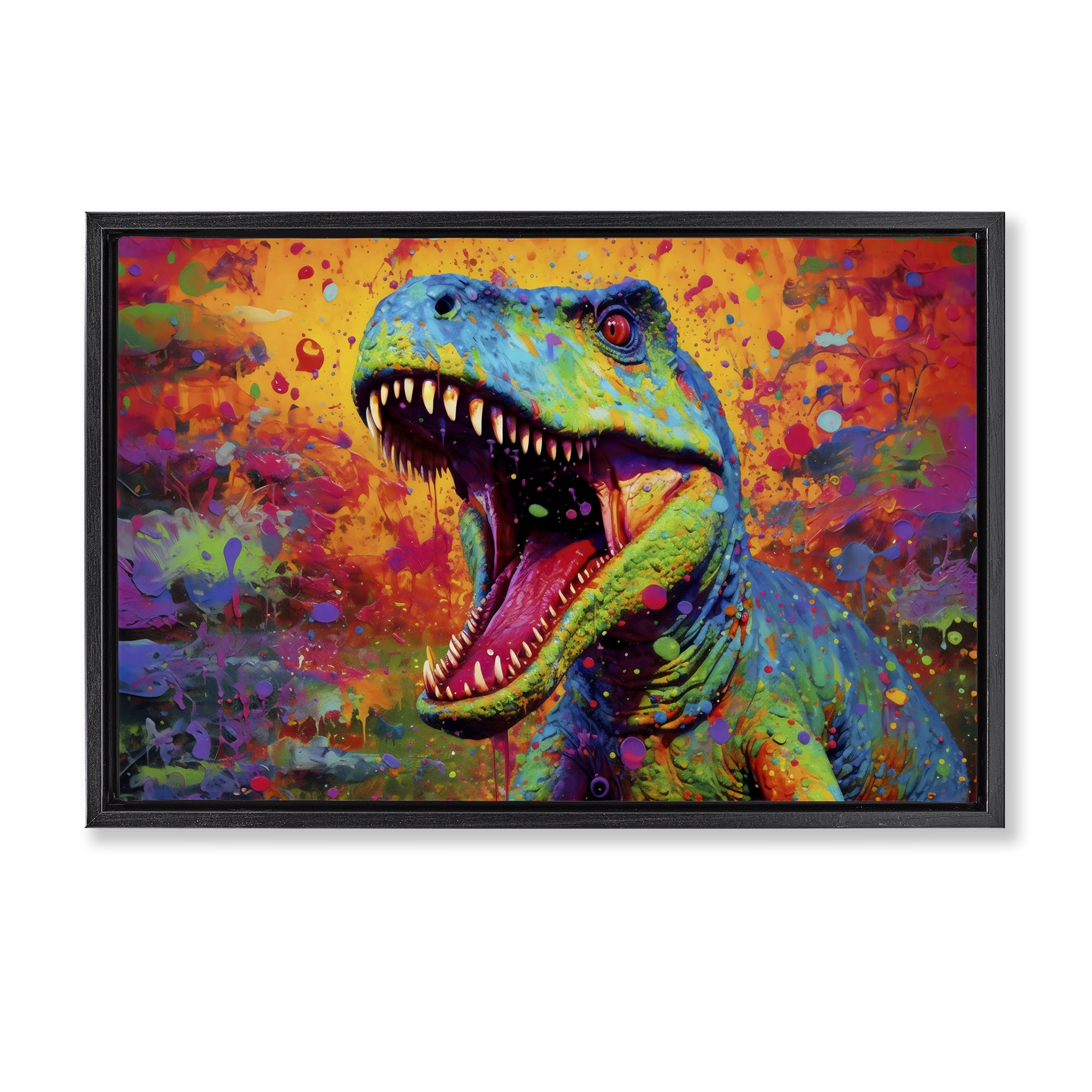 Stupell Industries Colorful T-Rex with Splatter Black Framed Floater Canvas Wall Art, design by Creative Studio