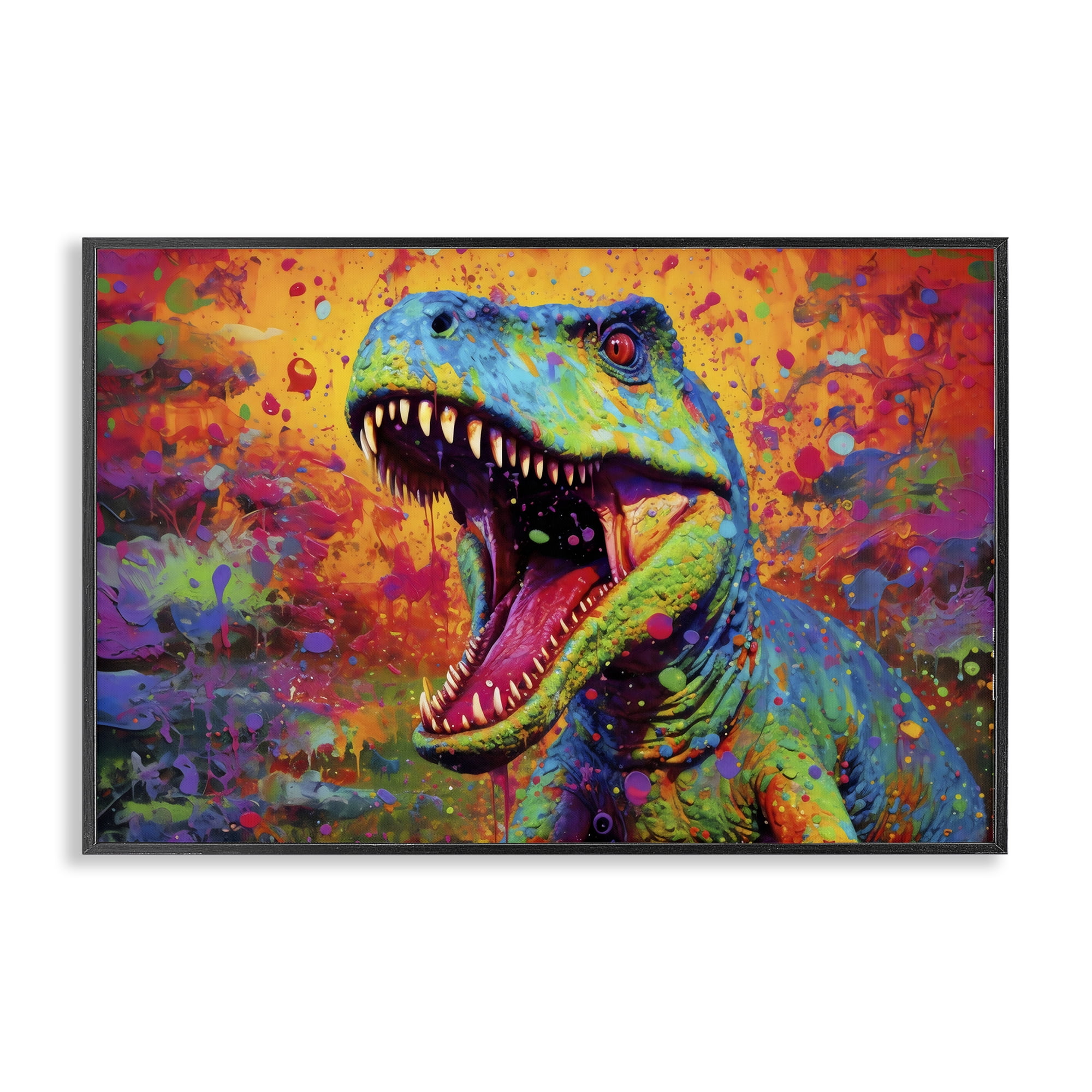 Stupell Industries Colorful T-Rex with Splatter Black Framed Giclee Art, design by Creative Studio