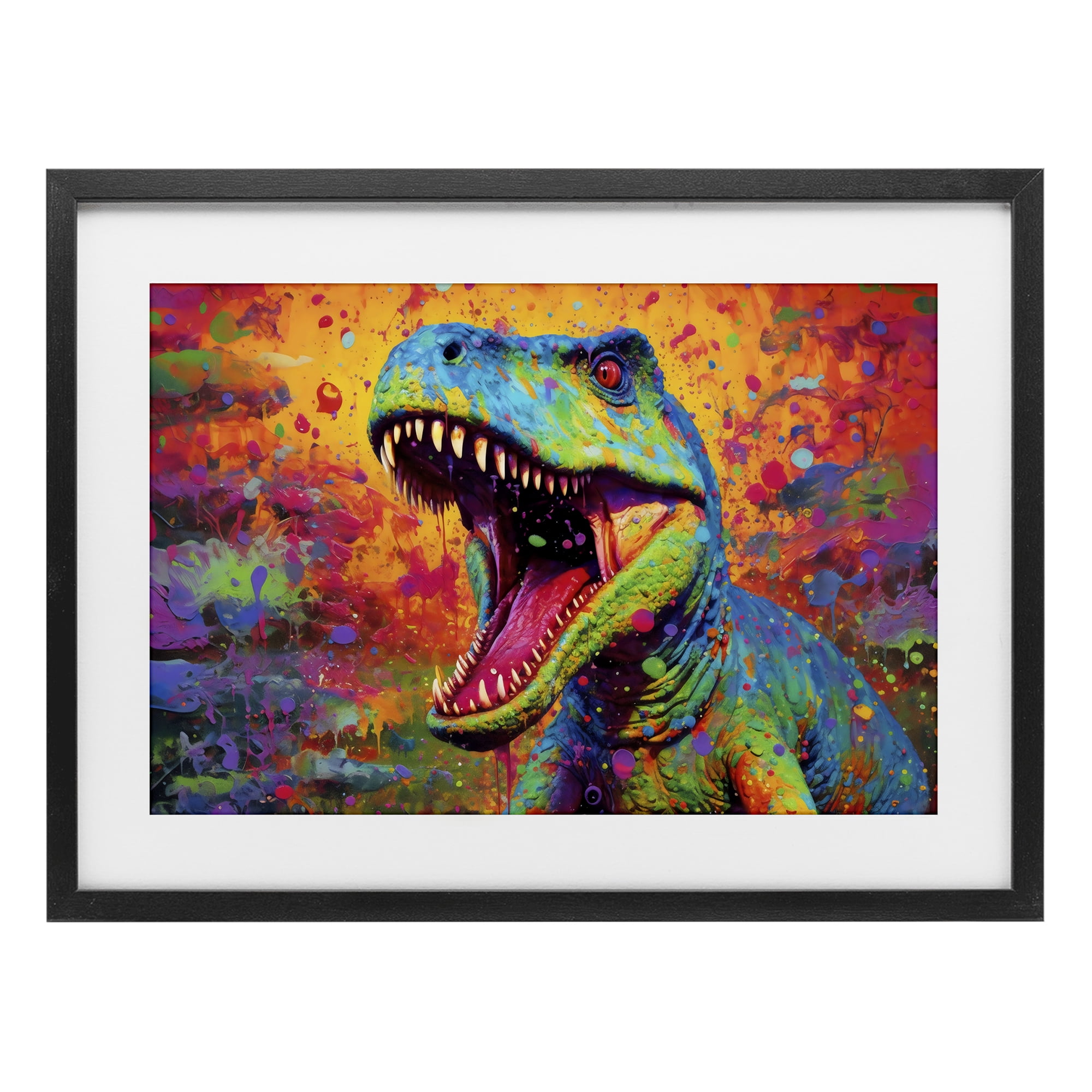 Stupell Industries Colorful T-Rex with Splatter Black Framed Print Under Glass, design by Creative Studio