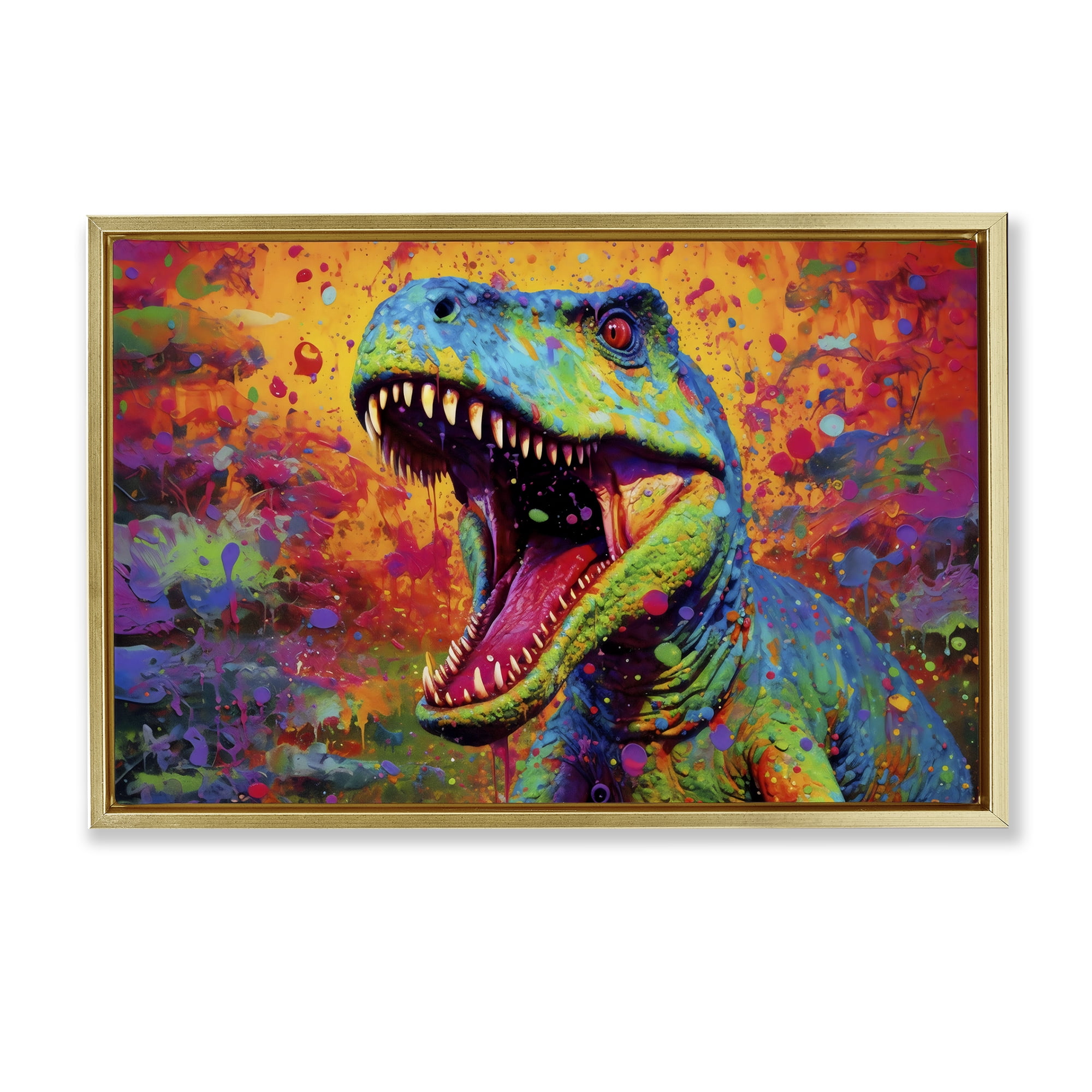 Stupell Industries Colorful T-Rex with Splatter Gold Framed Floater Canvas Wall Art, design by Creative Studio
