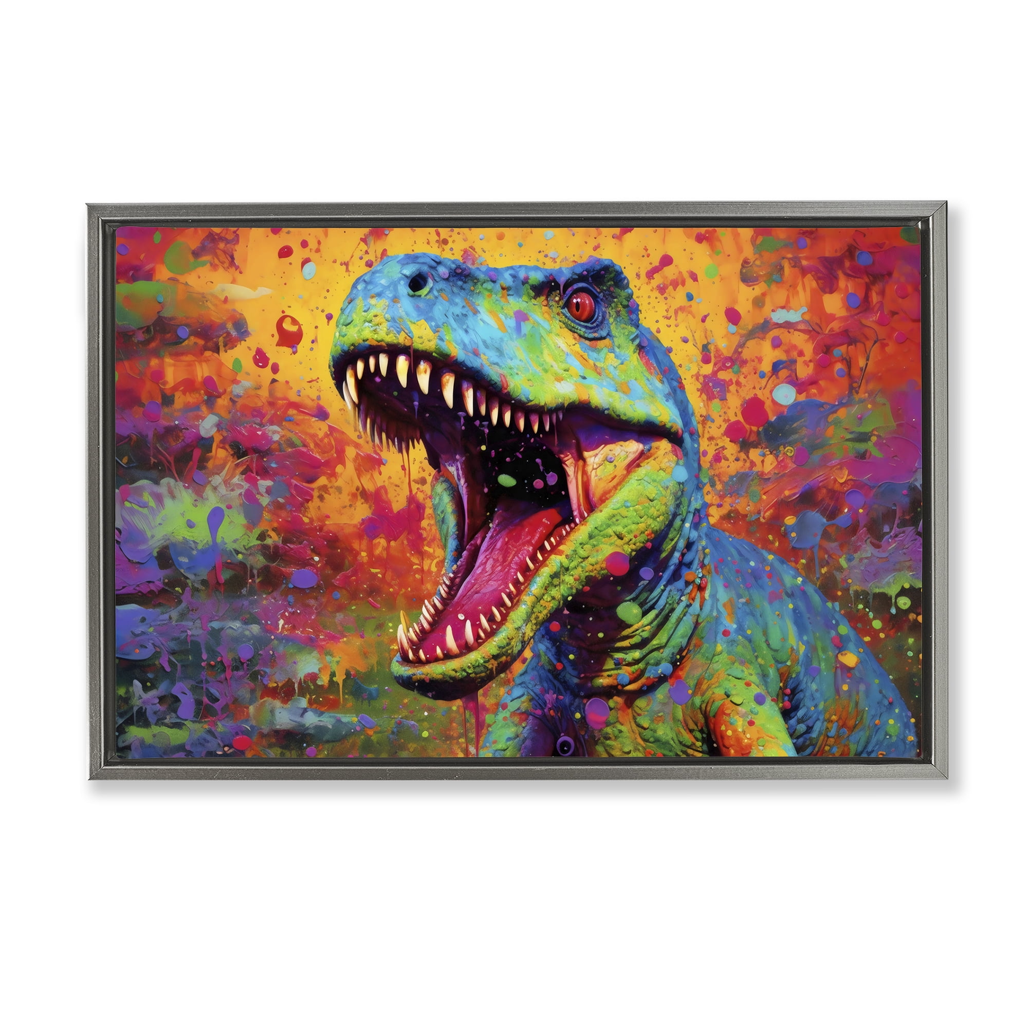 Stupell Industries Colorful T-Rex with Splatter Gray Framed Floater Canvas Wall Art, design by Creative Studio