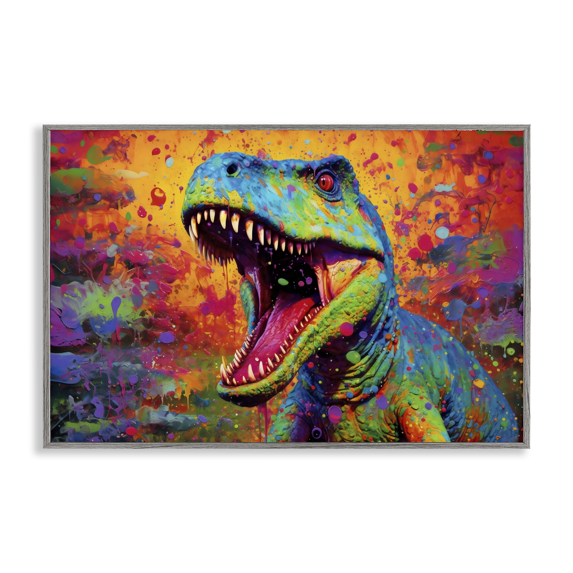 Stupell Industries Colorful T-Rex with Splatter Gray Framed Giclee Art, design by Creative Studio