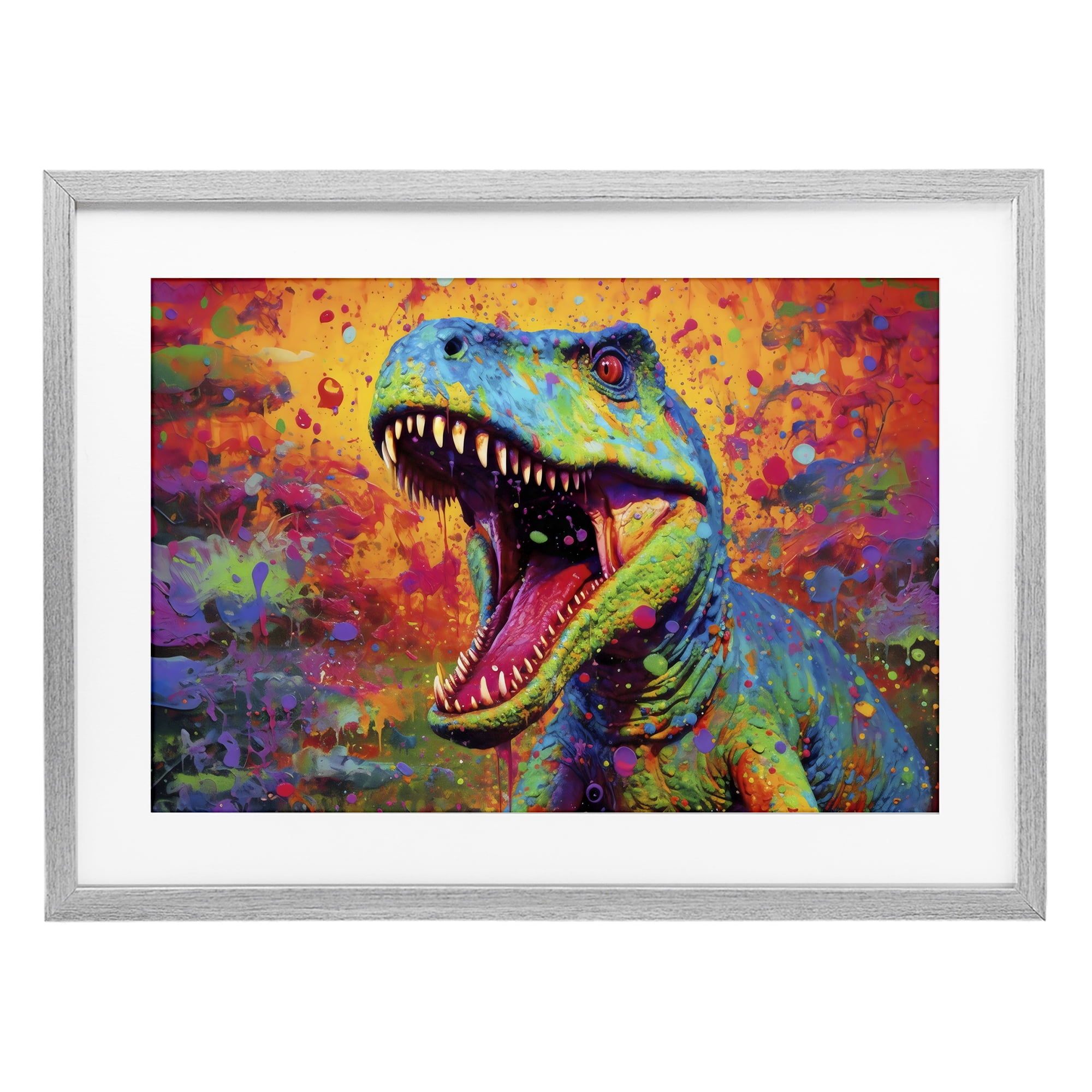 Stupell Industries Colorful T-Rex with Splatter Gray Framed Print Under Glass, design by Creative Studio