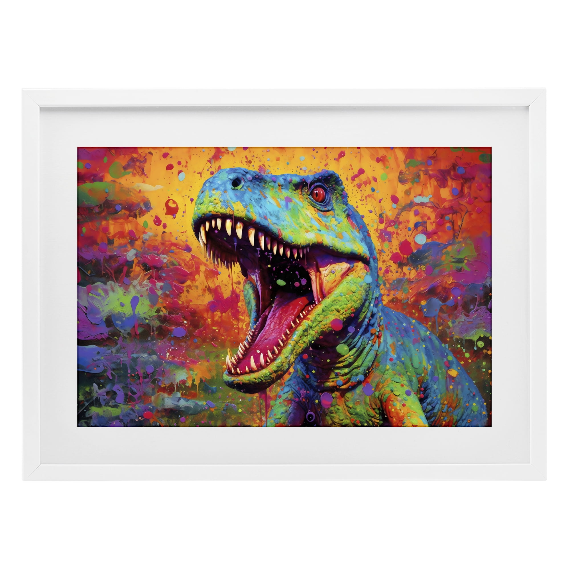 Stupell Industries Colorful T-Rex with Splatter White Framed Print Under Glass, design by Creative Studio