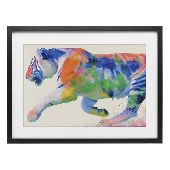 Stupell Industries Contemporary Colorful Tiger In Motion Black Framed Print Under Glass, 20 x 14, by Chromatic Storm Studio