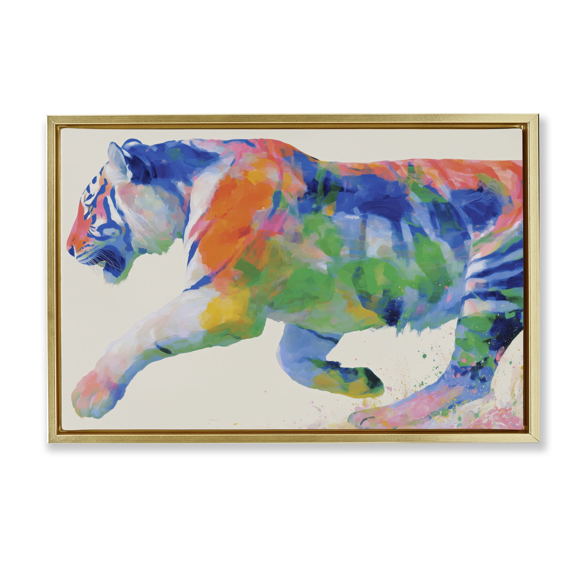 Stupell Industries Colorful Tiger In Motion Gold Framed Floater Canvas Wall Art, design by Chromatic Storm Studio