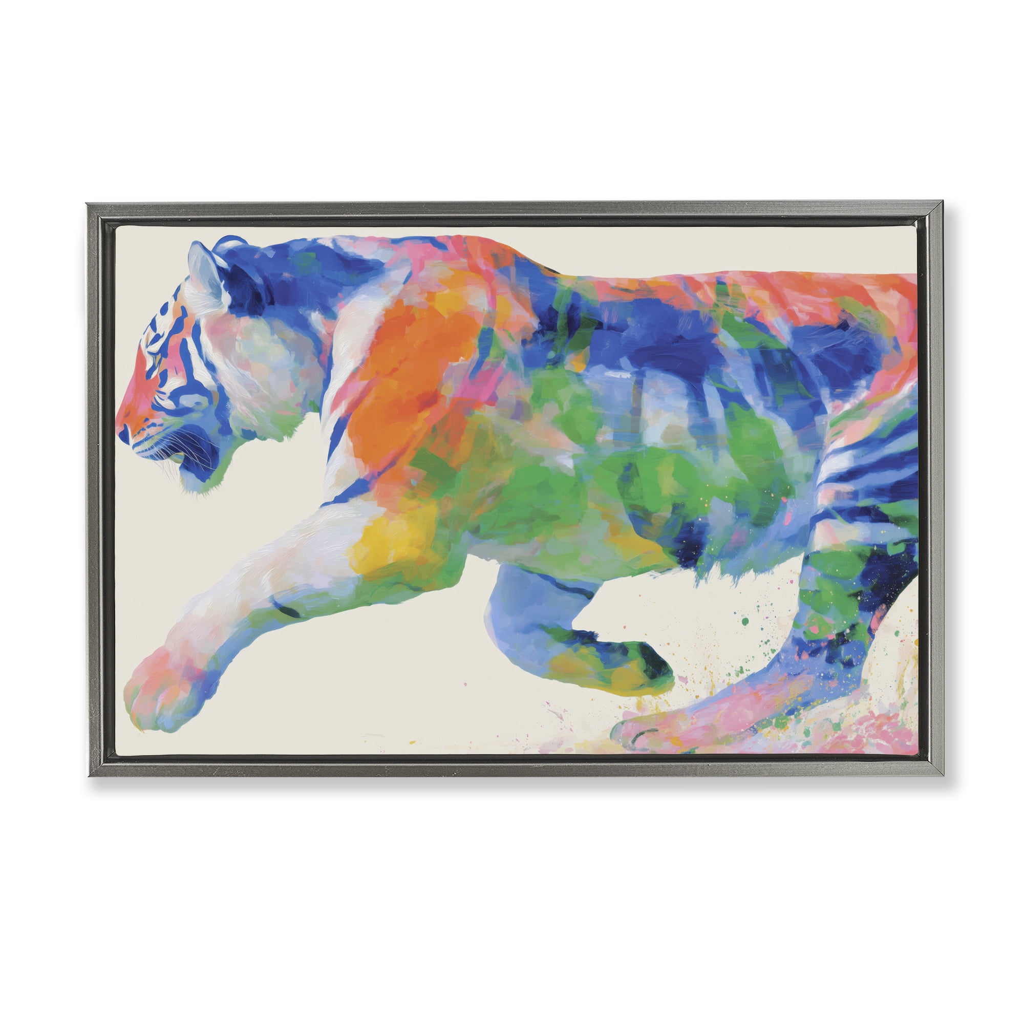Stupell Industries Colorful Tiger In Motion Gray Framed Floater Canvas Wall Art, design by Chromatic Storm Studio