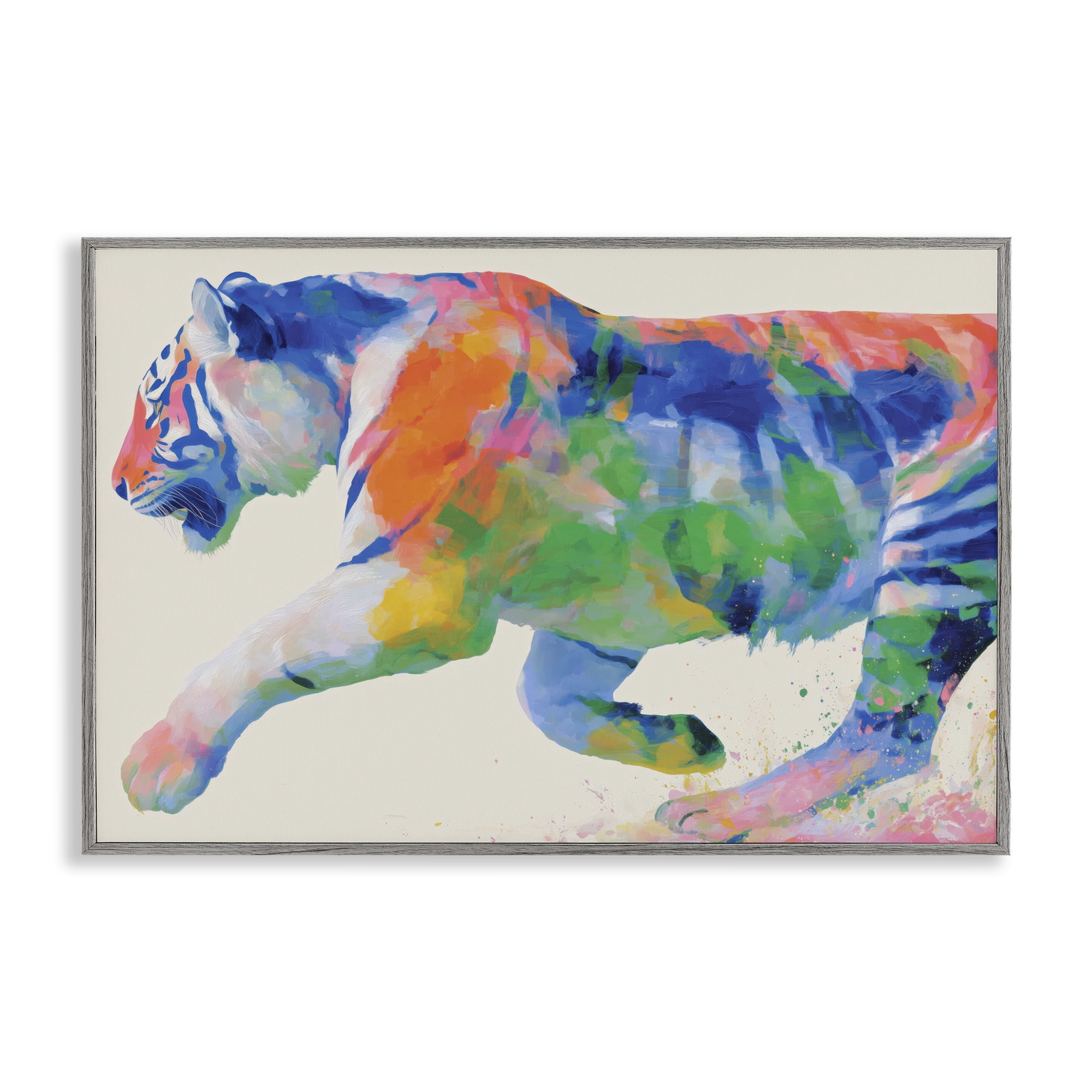 Stupell Industries Colorful Tiger In Motion Gray Framed Giclee Art, design by Chromatic Storm Studio