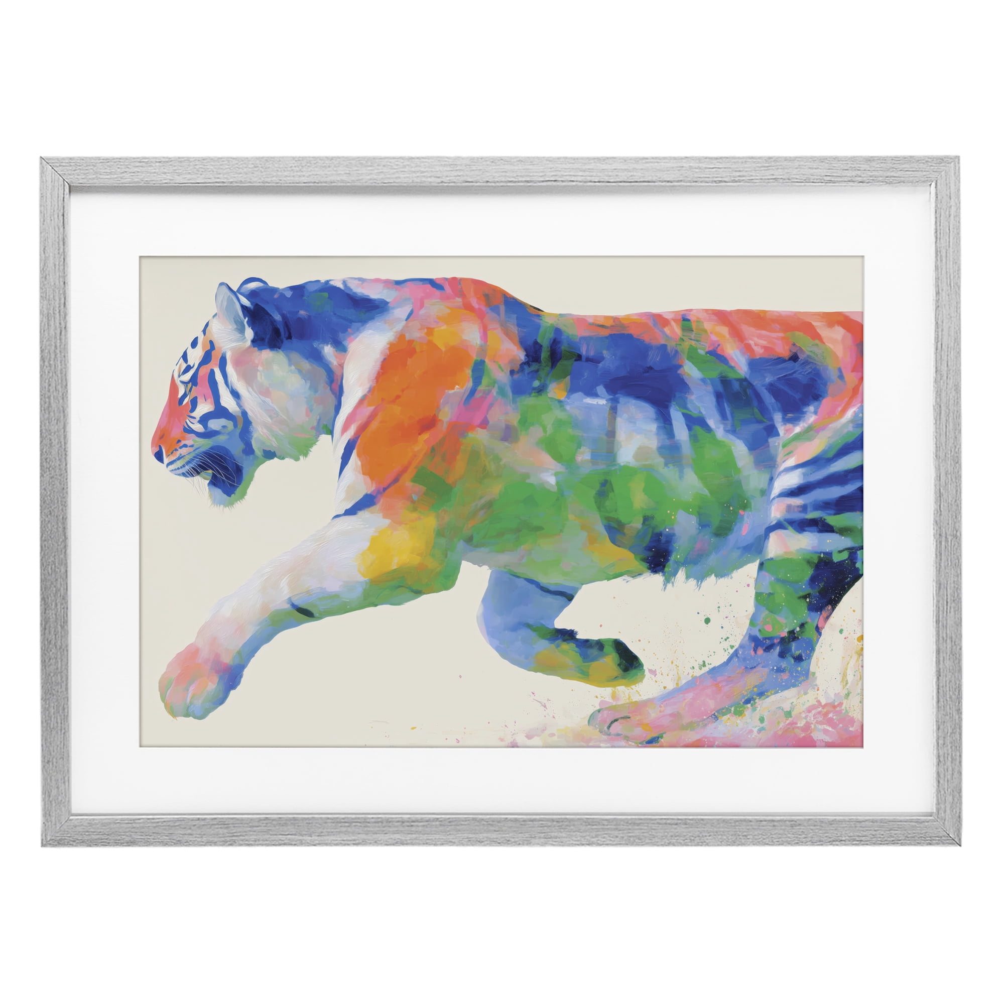 Stupell Industries Colorful Tiger In Motion Gray Framed Print Under Glass, design by Chromatic Storm Studio