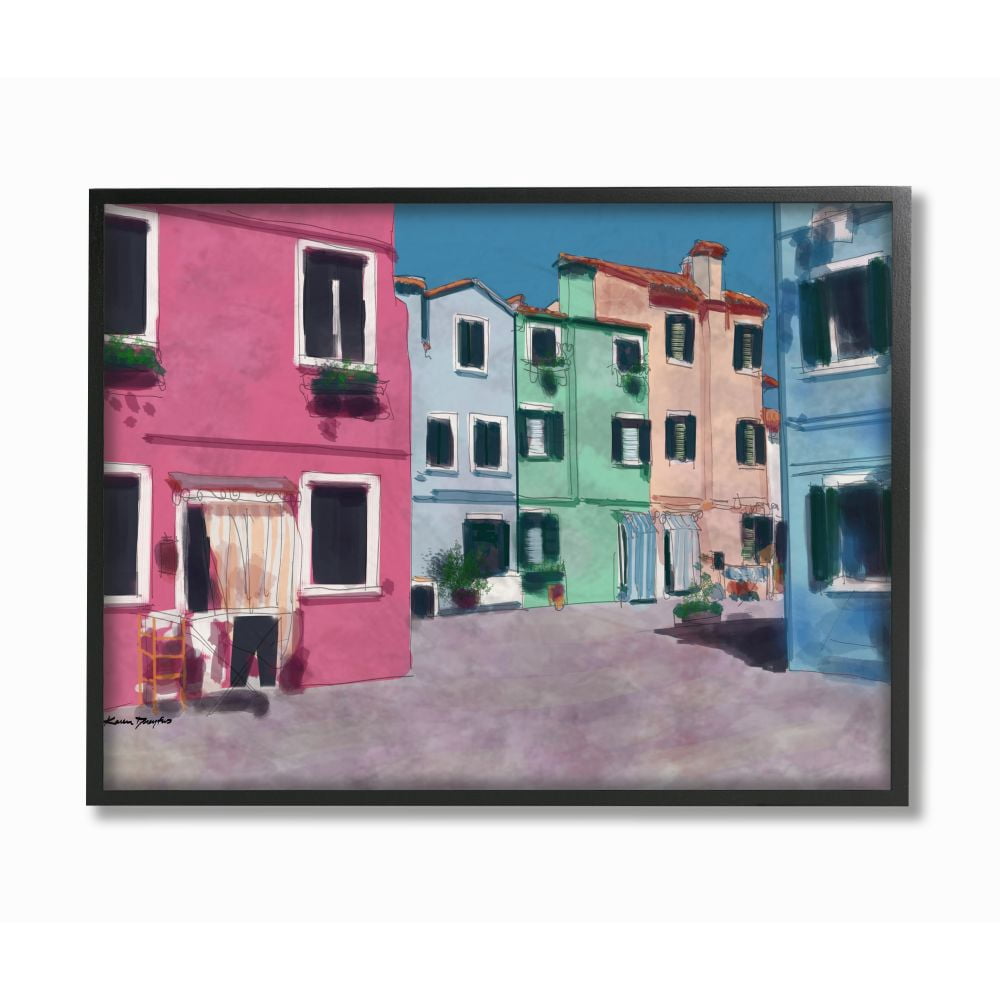 Stupell Industries Colorful Town Landscape Painting Black Framed Art Print Wall Art, 16x20, by Karen Dreyfus