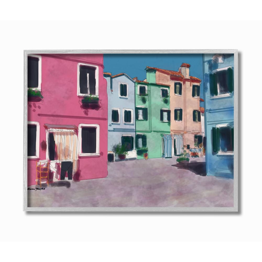 Stupell Industries Colorful Town Landscape Painting Gray Framed Art Print Wall Art, 11x14, by Karen Dreyfus