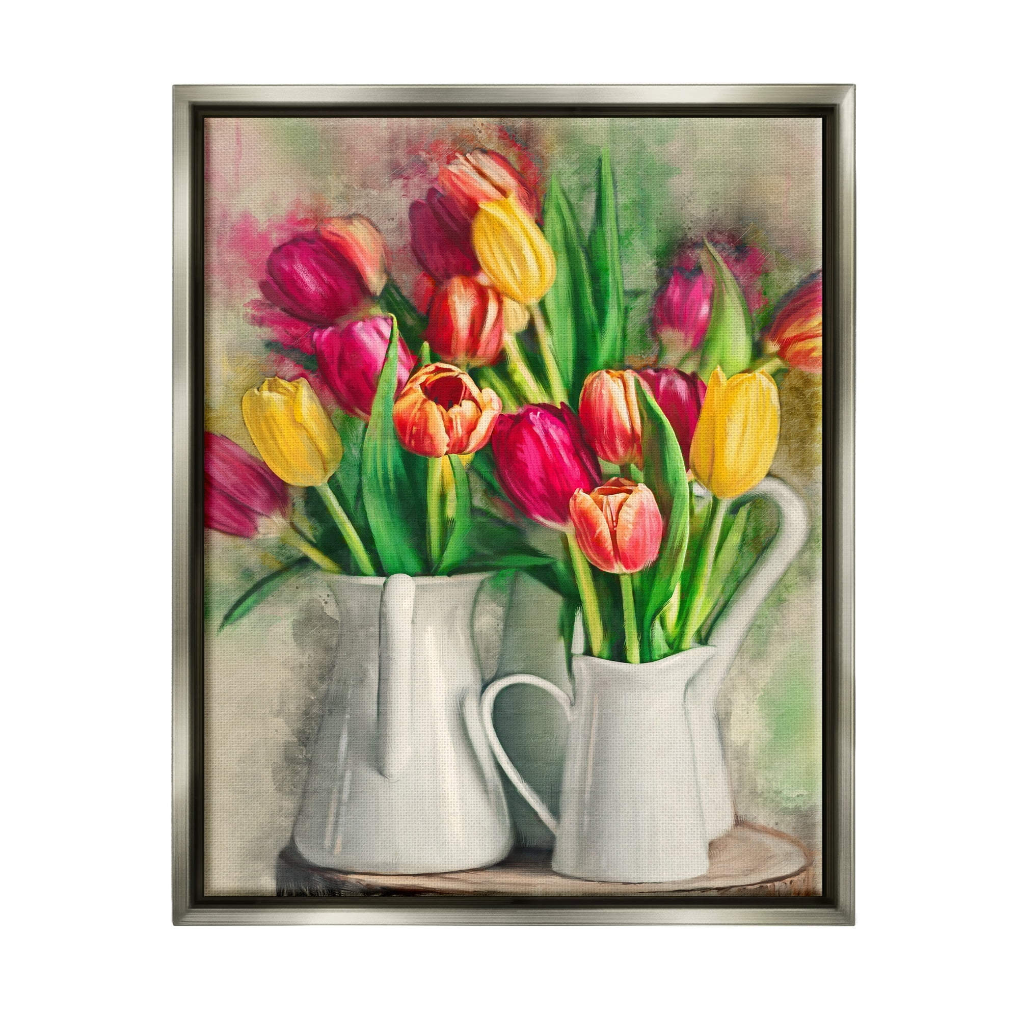 Stupell Industries Colorful Tulip Assortments in Farm Pitchers Luster Gray Framed Floating Canvas Wall Art, 24x30, by Ziwei Li