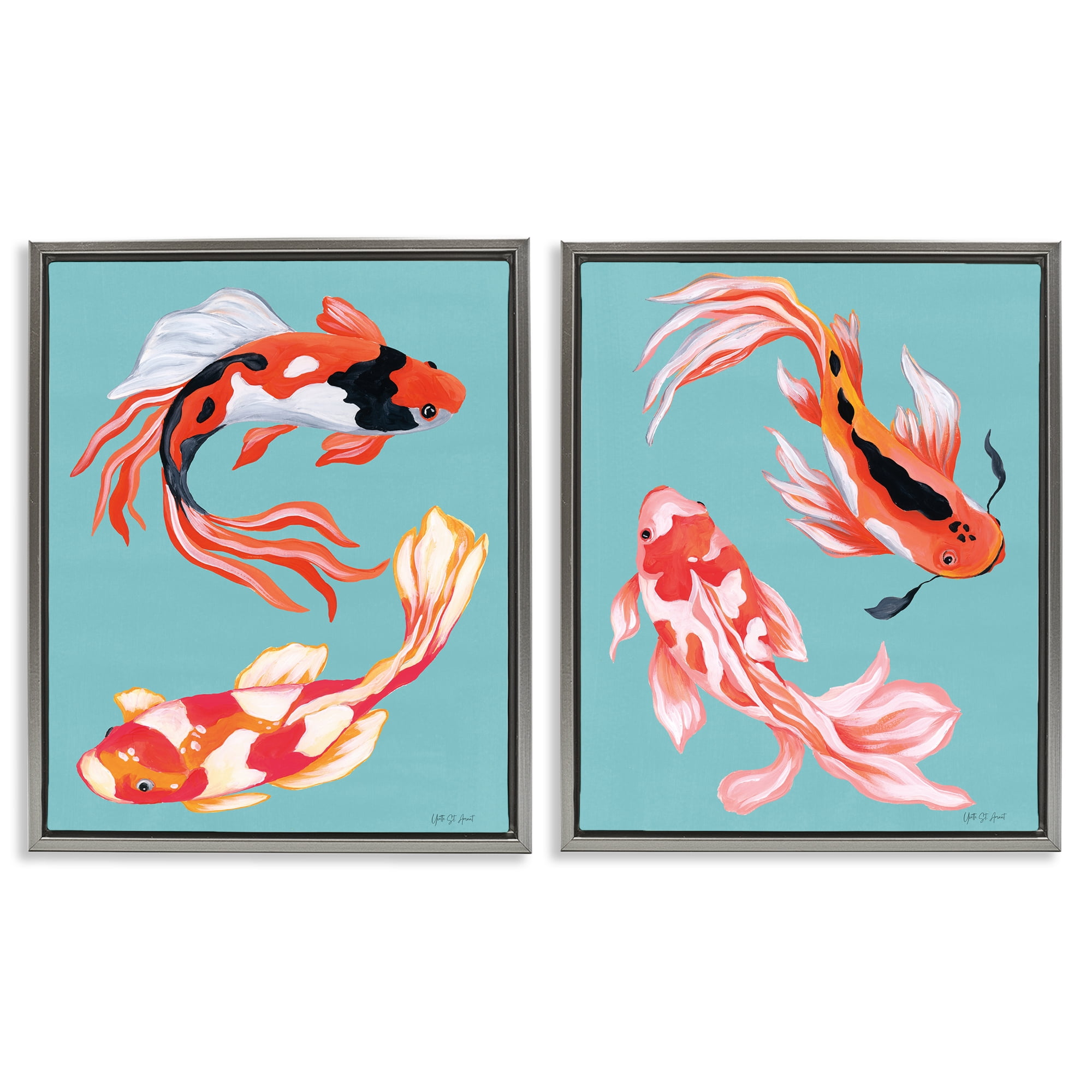 Stupell Industries Colorful Twin Koi 2 Piece Gray Framed Floater Canvas Set, design by Yvette St. Amant
