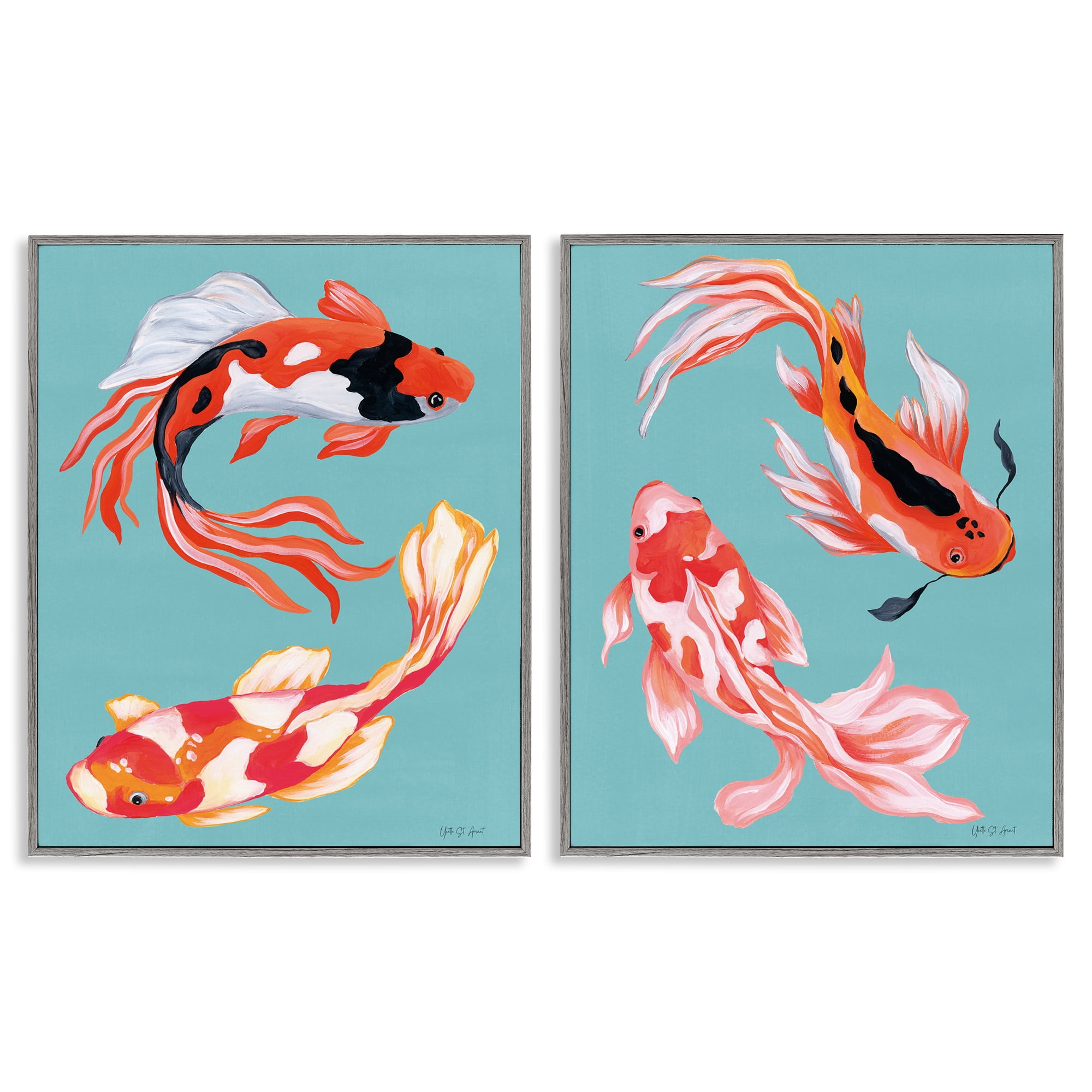 Stupell Industries Colorful Twin Koi 2 Piece Gray Framed Giclee Art Set, design by Yvette St. Amant