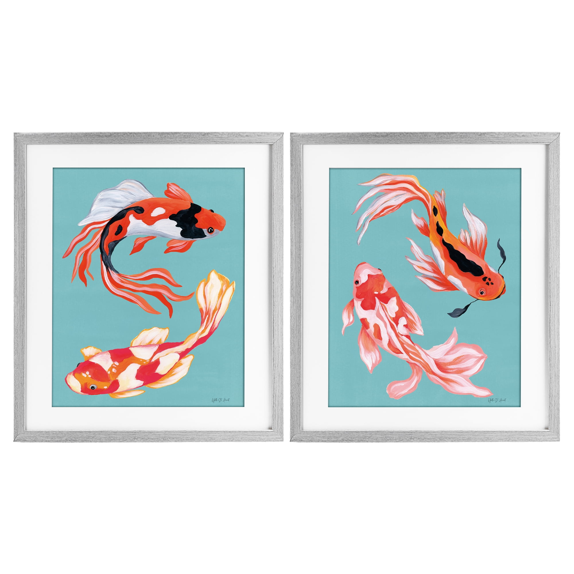 Stupell Industries Colorful Twin Koi 2 Piece Gray Framed Print Under Glass Set, design by Yvette St. Amant