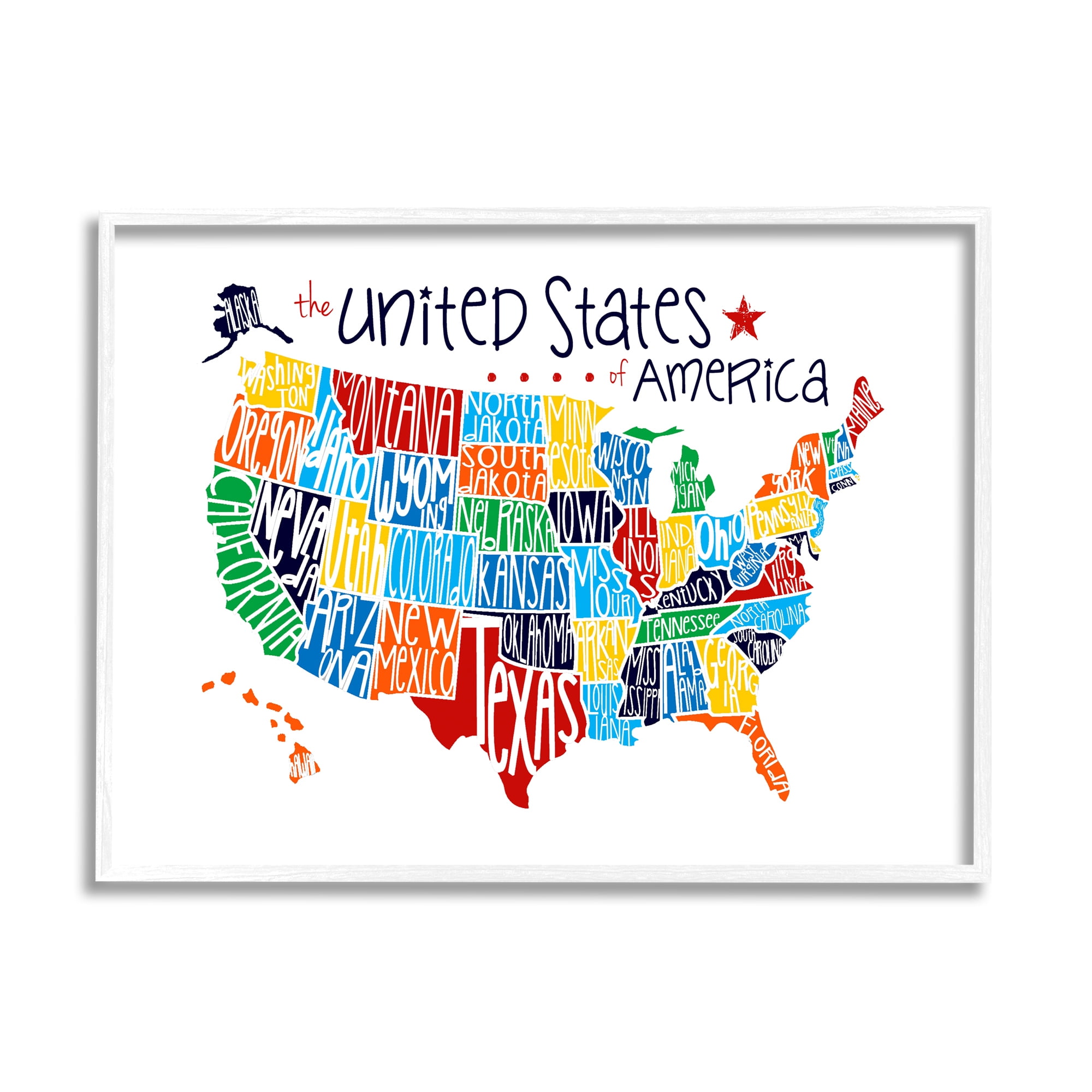 Stupell Industries Colorful USA Map with State Names Typography, 16 x 20,Design by Erica Billups