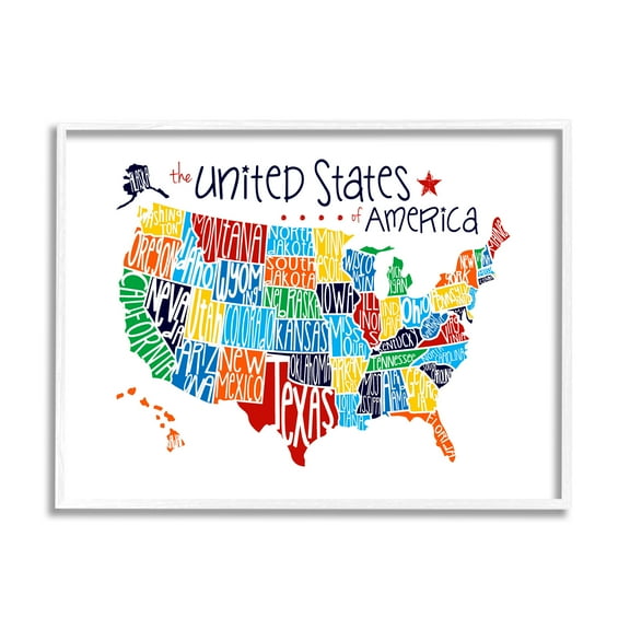 Stupell Industries Colorful USA Map with State Names Typography Graphic Art White Framed Art Print Wall Art, 11x14, by Erica Billups