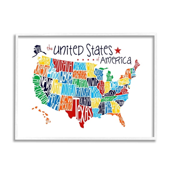 Stupell Industries Colorful USA Map with State Names Typography Graphic Art White Framed Art Print Wall Art, 24x30, by Erica Billups