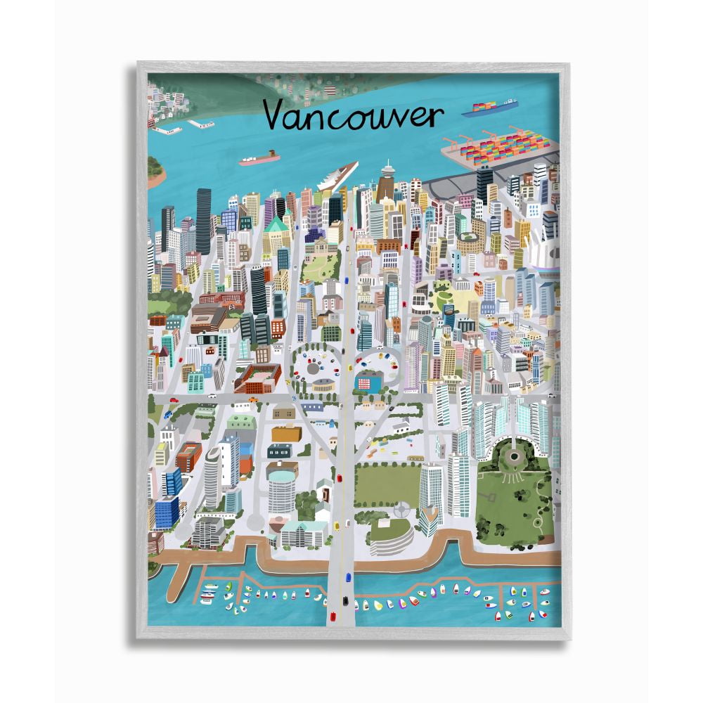 Stupell Industries Colorful Vancouver Canada Landmark Seaport Cityscape Framed Wall Art Design by Carla Daly, 16" x 20", Gray Framed