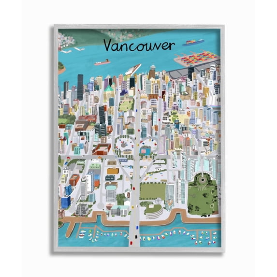 Stupell Industries Colorful Vancouver Canada Landmark Seaport Cityscape Framed Wall Art Design by Carla Daly, 16" x 20", Gray Framed