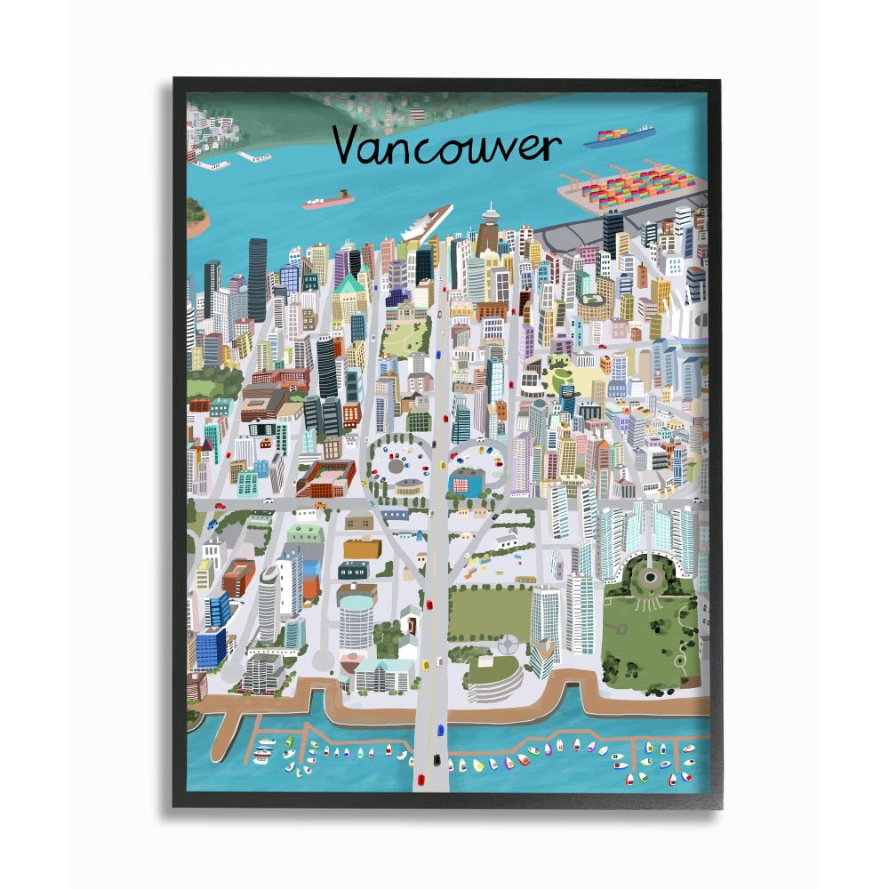 Stupell Industries Colorful Vancouver Canada Landmark Seaport Cityscape Framed Wall Art Design by Carla Daly, 24" x 30", Black Framed