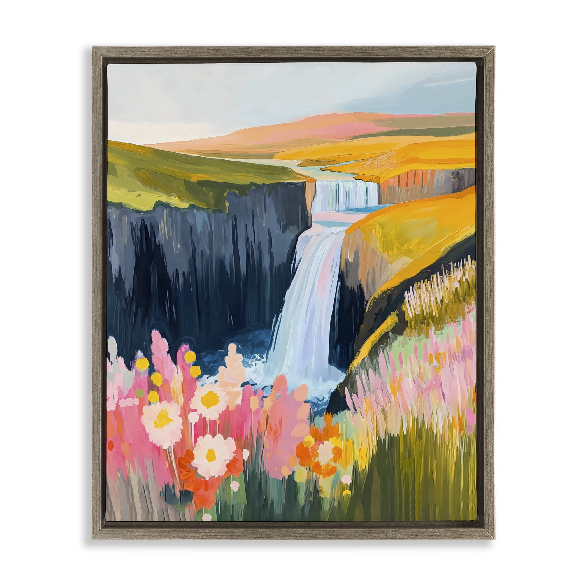 Stupell Industries Colorful Waterfall in Valley Brown Framed Floater Canvas Wall Art, design by The Prints Vibe