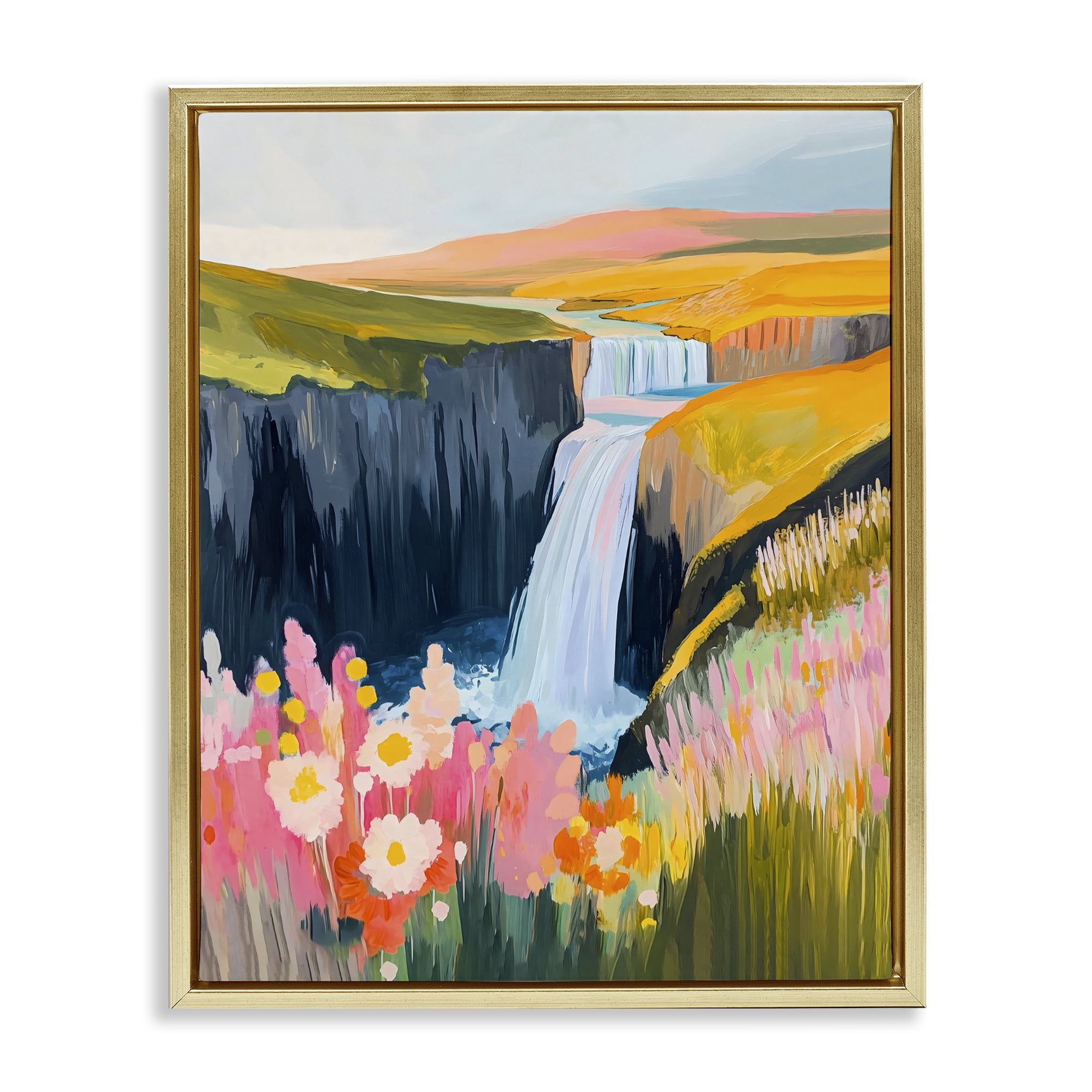 Stupell Industries Colorful Waterfall in Valley Gold Framed Floater Canvas Wall Art, design by The Prints Vibe