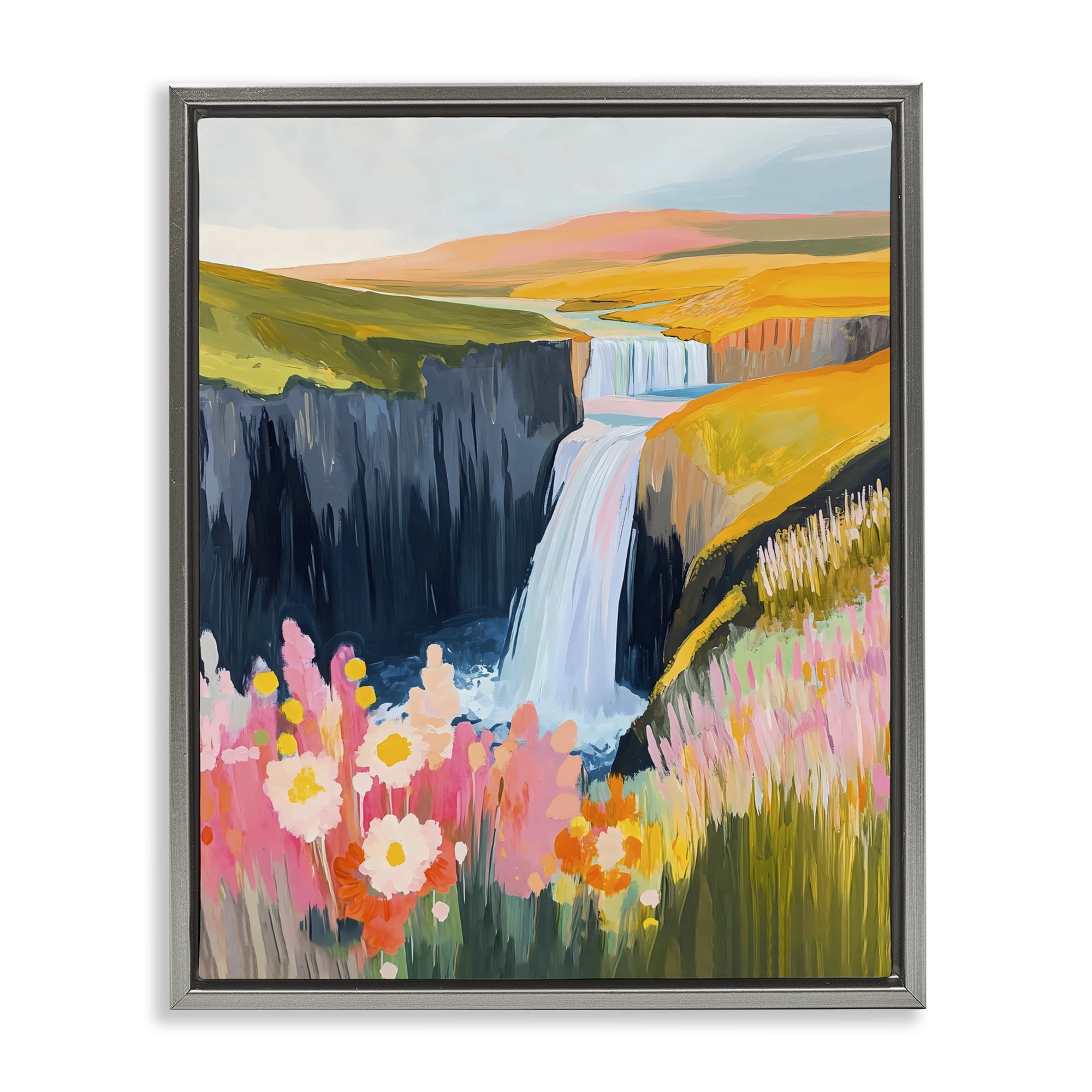 Stupell Industries Colorful Waterfall in Valley Gray Framed Floater Canvas Wall Art, design by The Prints Vibe