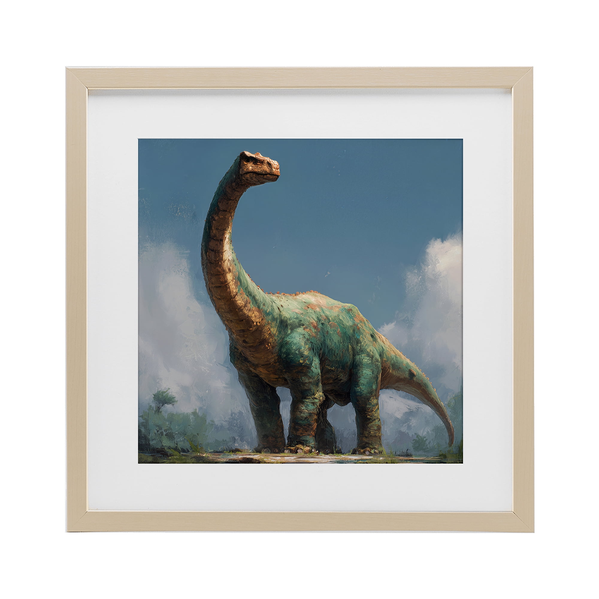 Stupell Industries Colossal Brontosaurus in Meadow Birch Framed Print Under Glass, design by Wumples