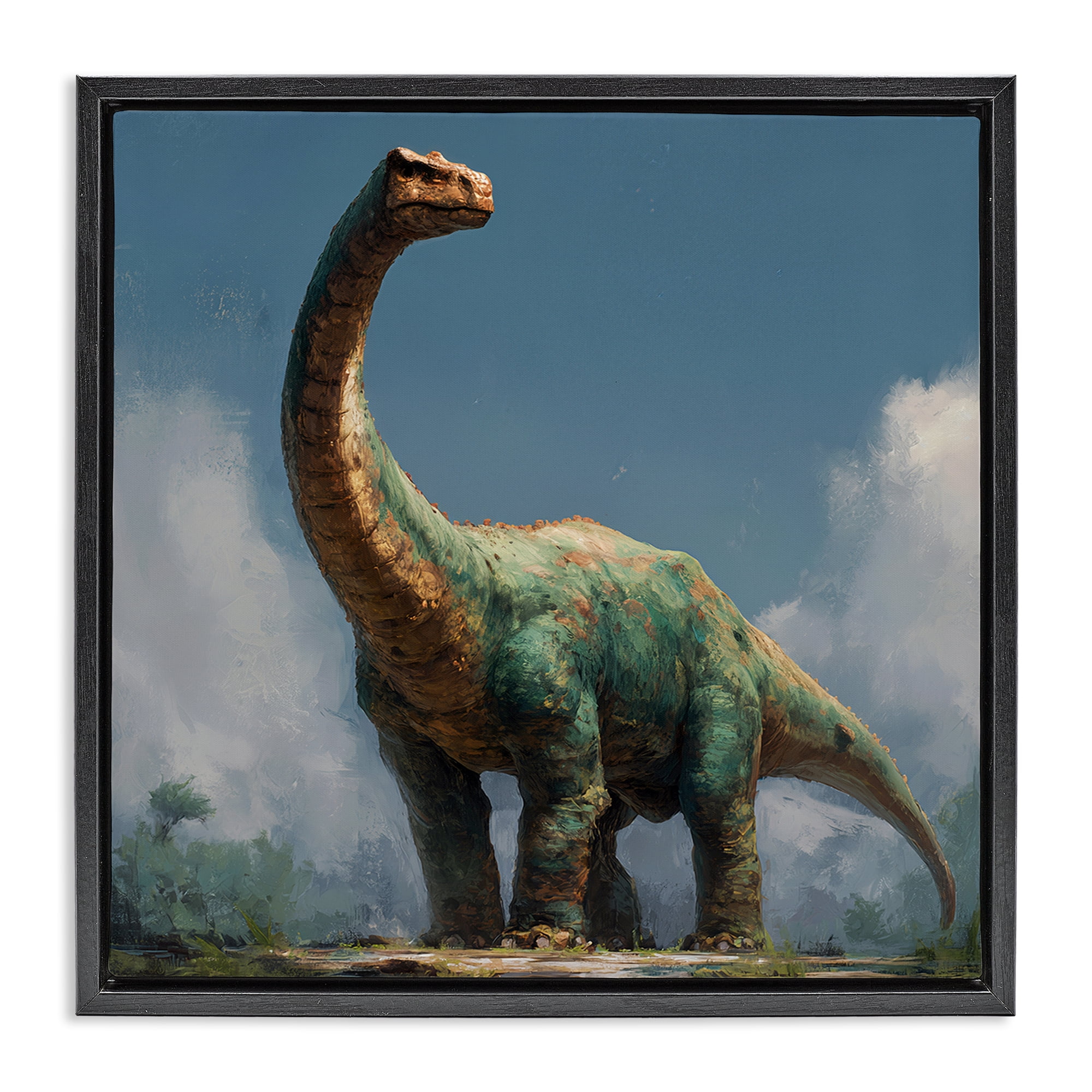 Stupell Industries Colossal Brontosaurus in Meadow Black Framed Floater Canvas Wall Art, design by Wumples