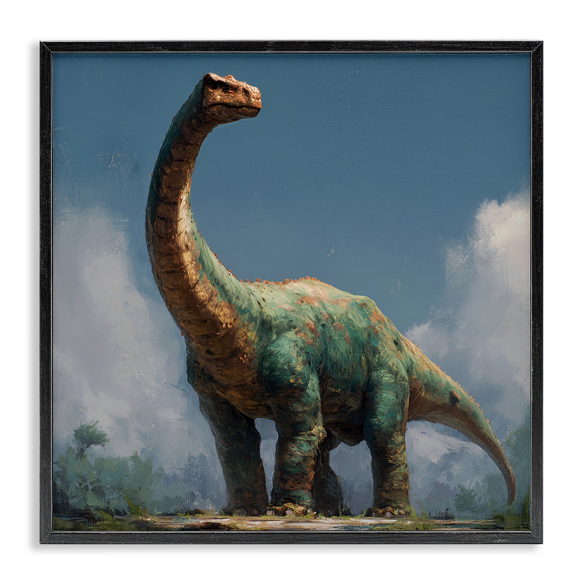 Stupell Industries Colossal Brontosaurus in Meadow Black Framed Giclee Art, design by Wumples