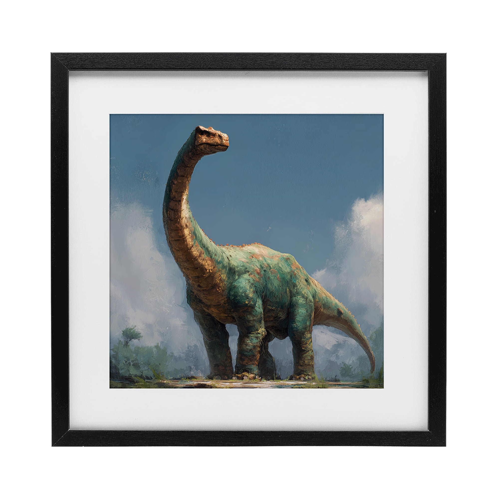 Stupell Industries Colossal Brontosaurus in Meadow Black Framed Print Under Glass, design by Wumples