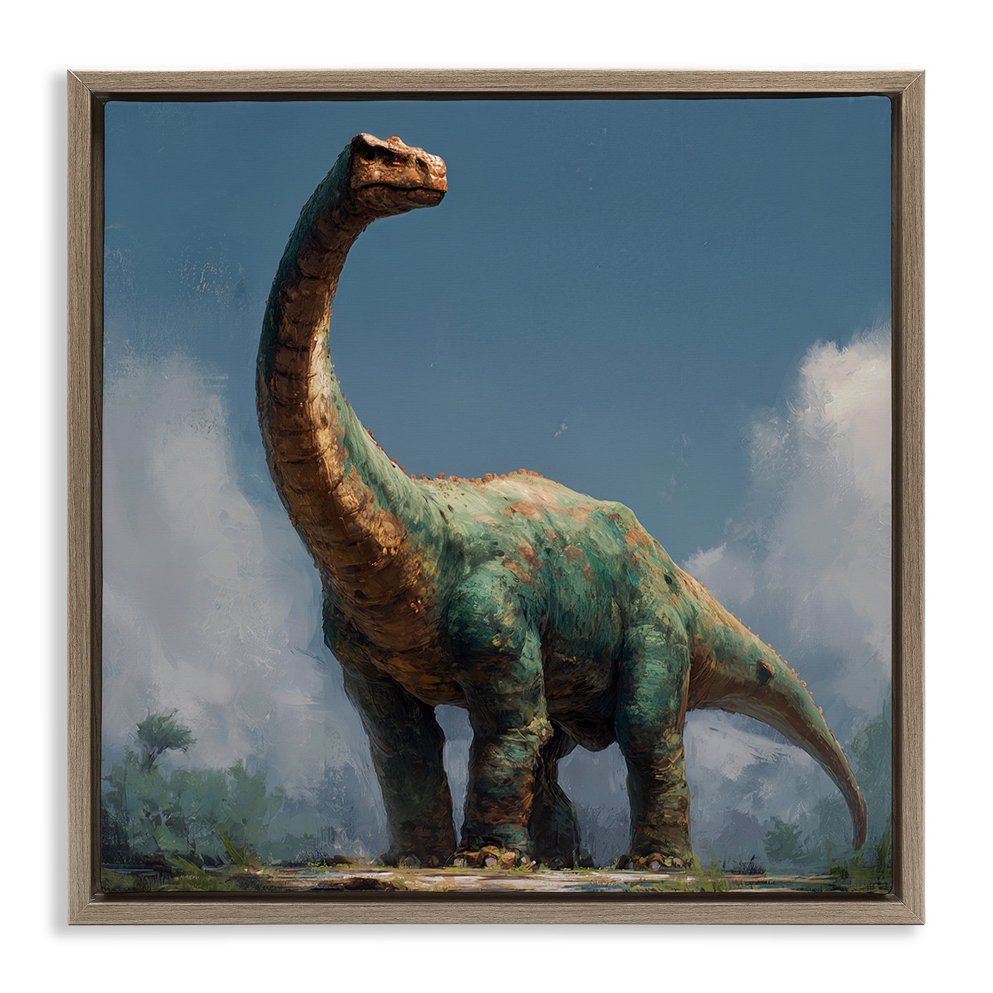 Stupell Industries Colossal Brontosaurus in Meadow Brown Framed Floater Canvas Wall Art, design by Wumples