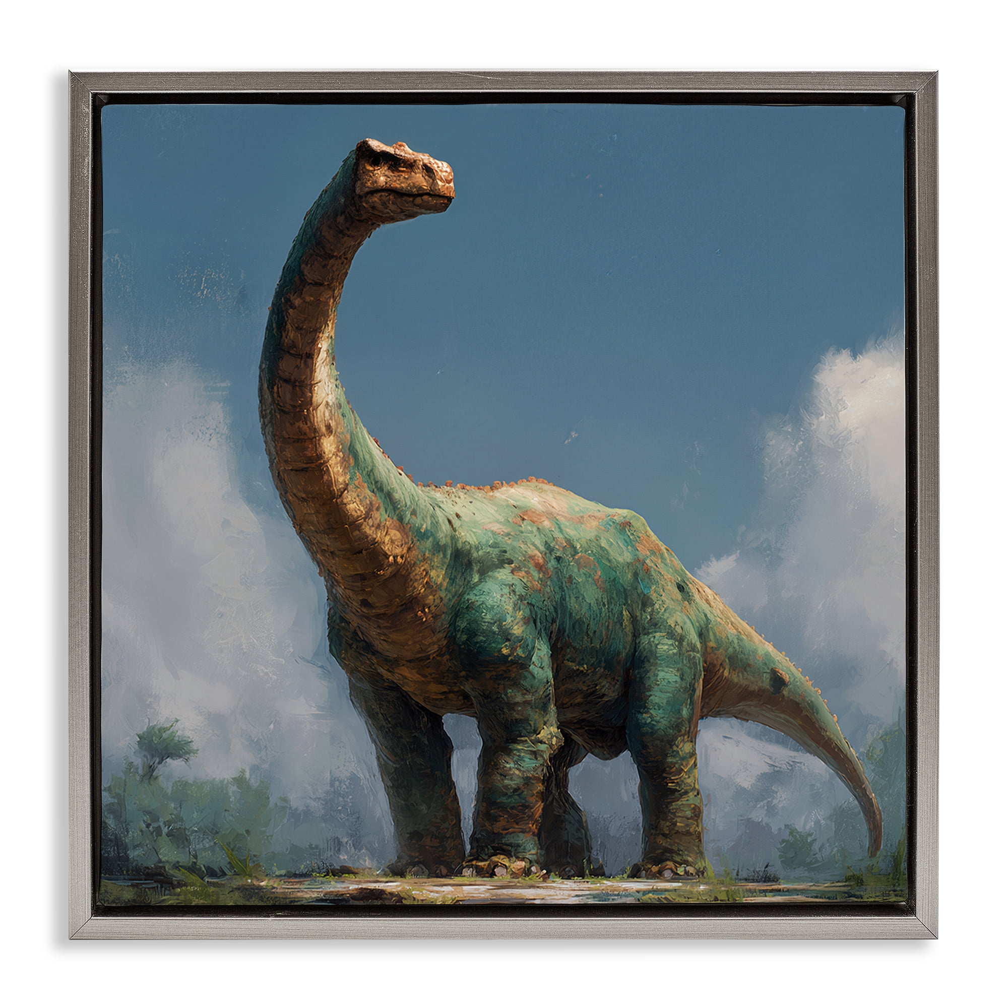 Stupell Industries Colossal Brontosaurus in Meadow Gray Framed Floater Canvas Wall Art, design by Wumples