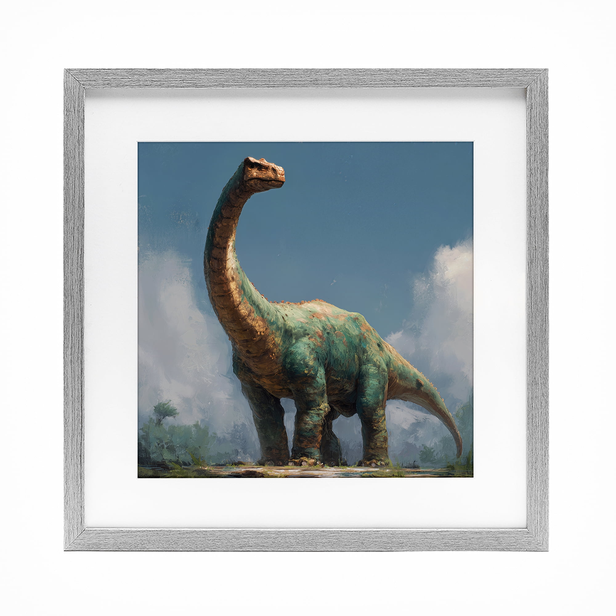 Stupell Industries Colossal Brontosaurus in Meadow Gray Framed Print Under Glass, design by Wumples