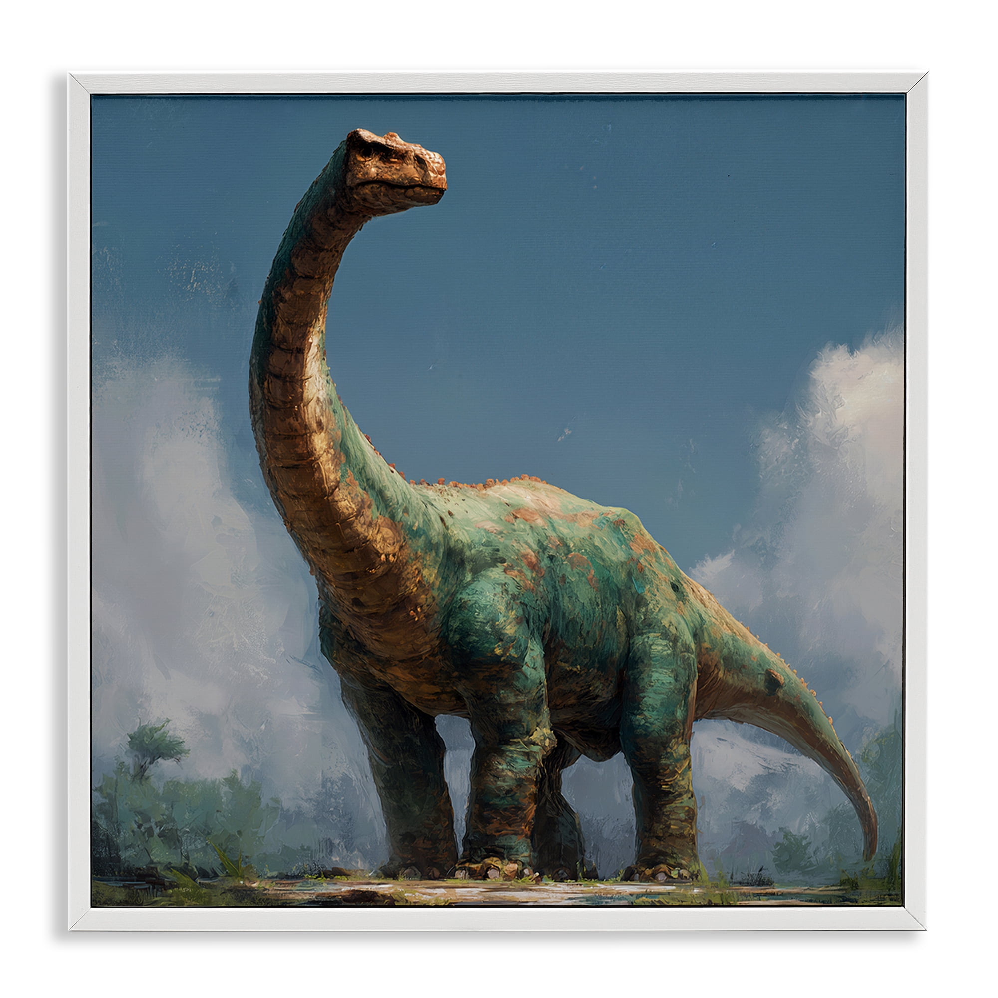 Stupell Industries Colossal Brontosaurus in Meadow White Framed Giclee Art, design by Wumples