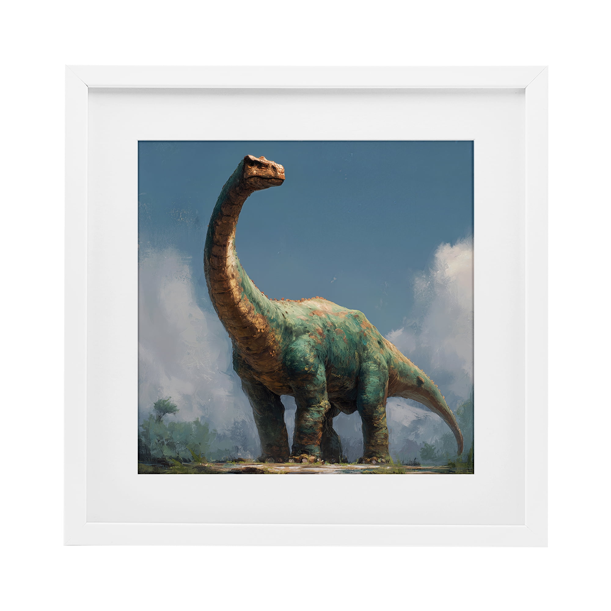 Stupell Industries Colossal Brontosaurus in Meadow White Framed Print Under Glass, design by Wumples