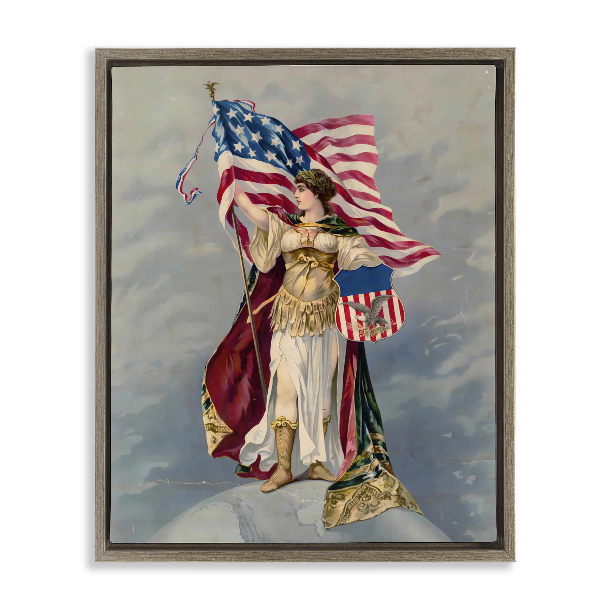 Stupell Industries Columbia Standing with American Flag Brown Framed Floater Canvas Wall Art, design by Arlington Prints