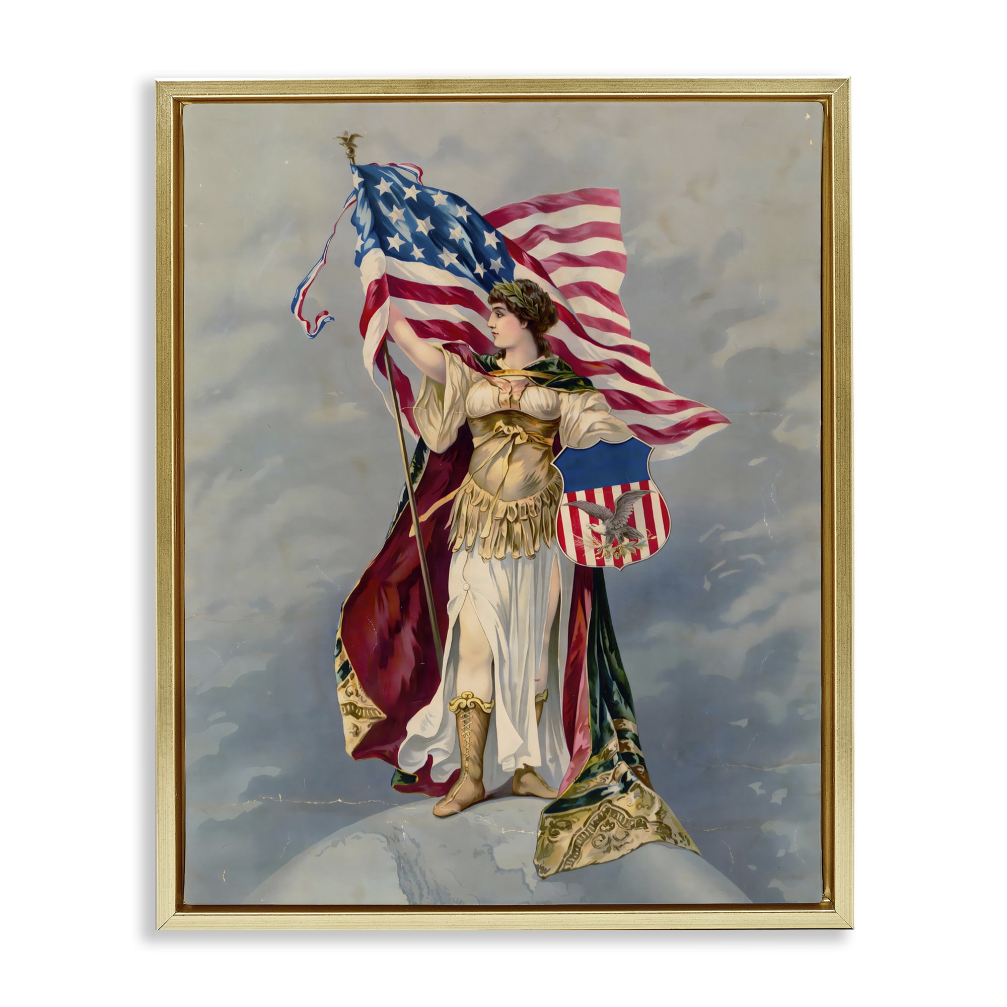 Stupell Industries Columbia Standing with American Flag Gold Framed Floater Canvas Wall Art, design by Arlington Prints
